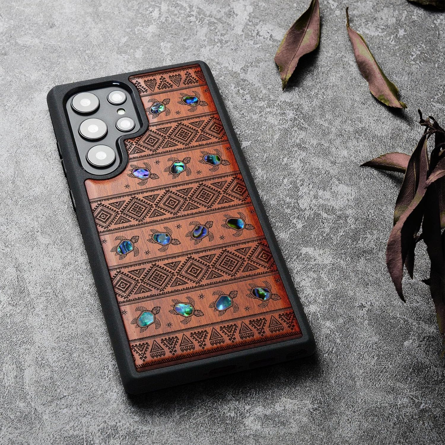 Carveit Designer Wooden Cover for Samsung Galaxy S22 Ultra Case [Wood Engraving & Shell Inlay] Compatible with Wireless Chargers Galaxy S22 Ultra (Sami Turtles-Rosy)