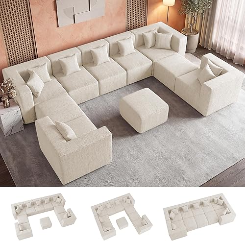 Miniatura 31 de Sofá Modular Seccional Nube para Sala de Estar - Juego de Sofás de Chenilla Convertible de 4 Plazas de 130'' con Otomana, Sofás de Compresión sin