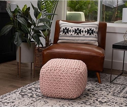 Miniatura 6 de BIRDROCK HOME Puf cuadrado otomano  Rosa polvorienta  Puf de punto  Cuerda trenzada de algodón  Ideal para la sala de estar, dormitorio y habitación