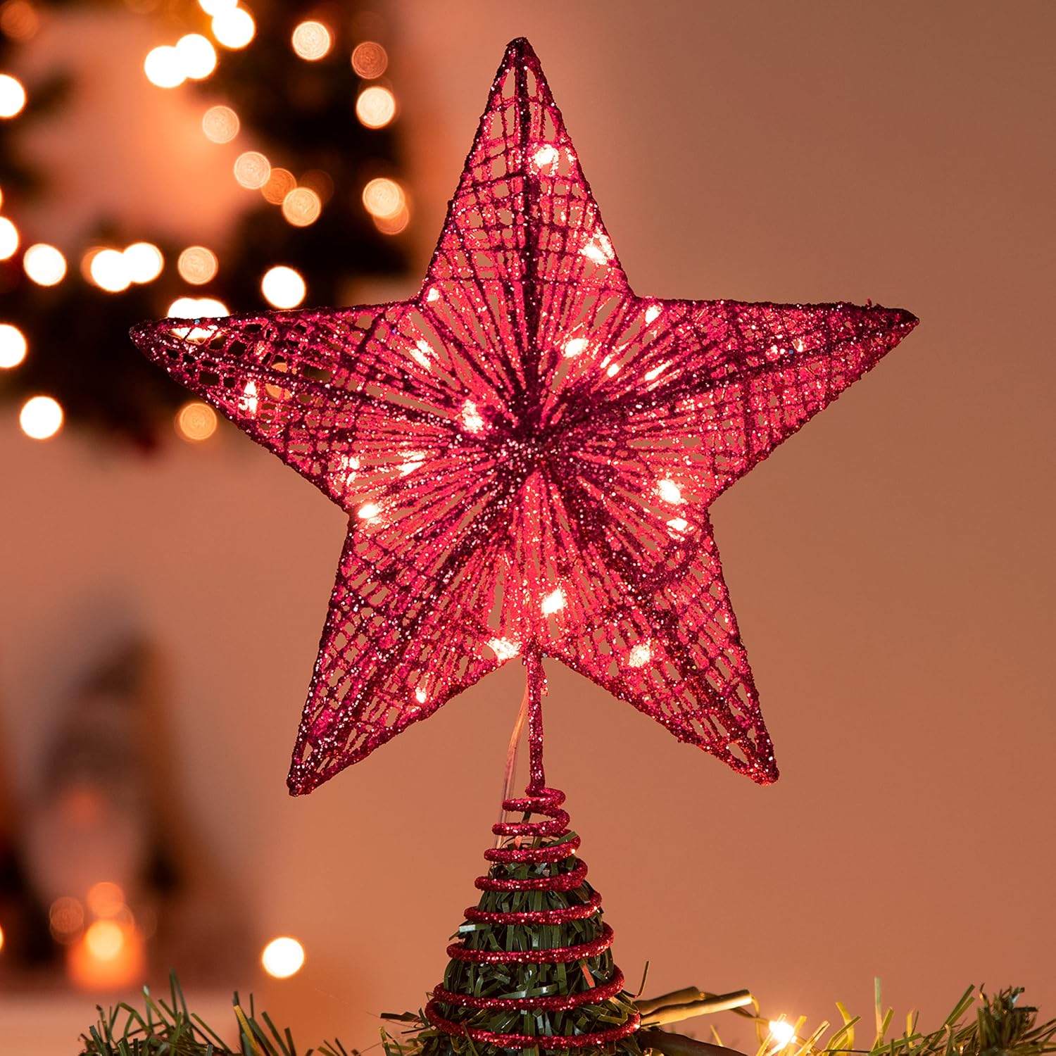 Joiedomi Christmas Tree Toppers, Battery Operated Glitter Red Star Tree