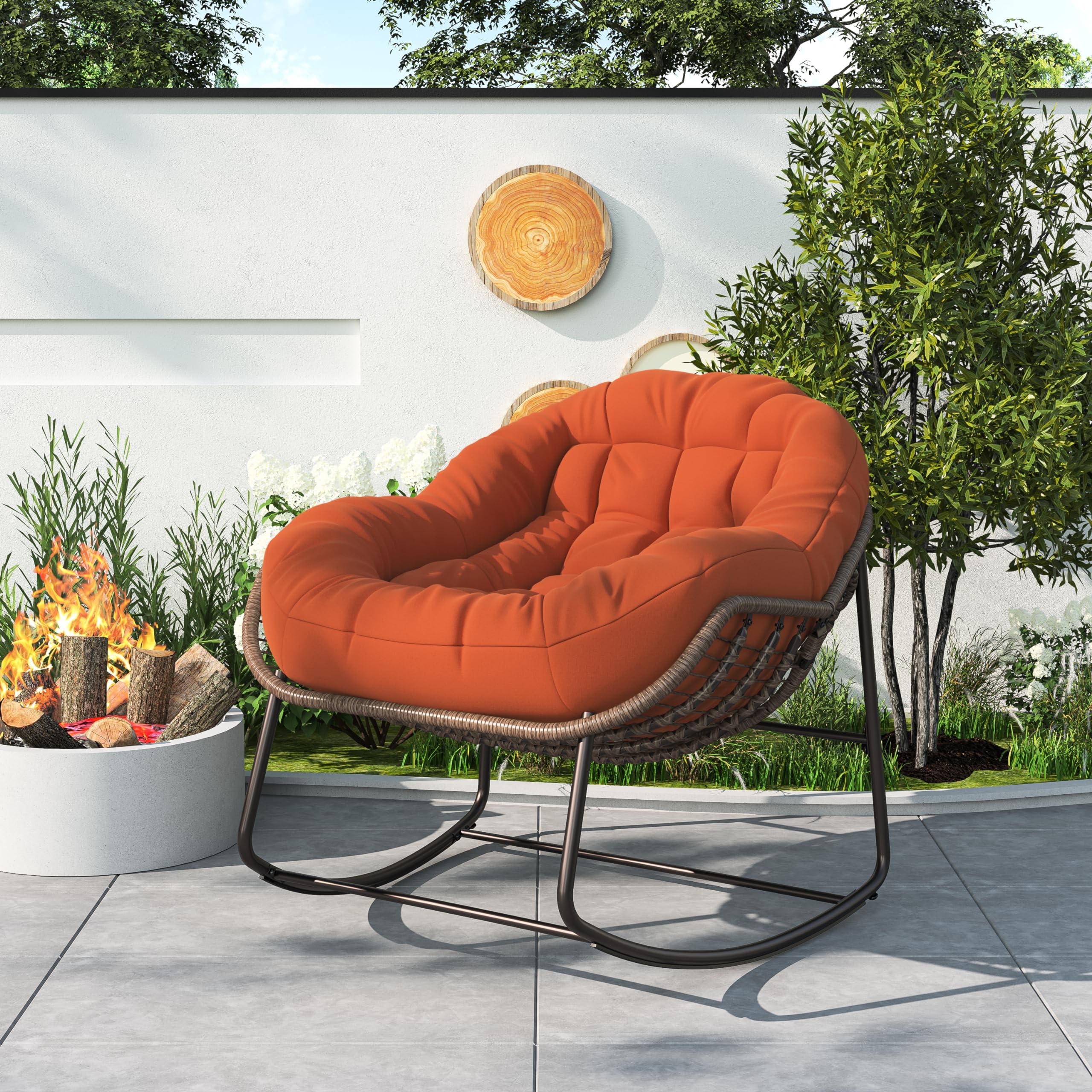 BRILVERDE Sillón Mecedora con Cojines, Mecedora de ratán con Acolchado, para salón, sillón de Relax, hasta 113 kg, para balcón, terraza y jardín, salón (Naranja)