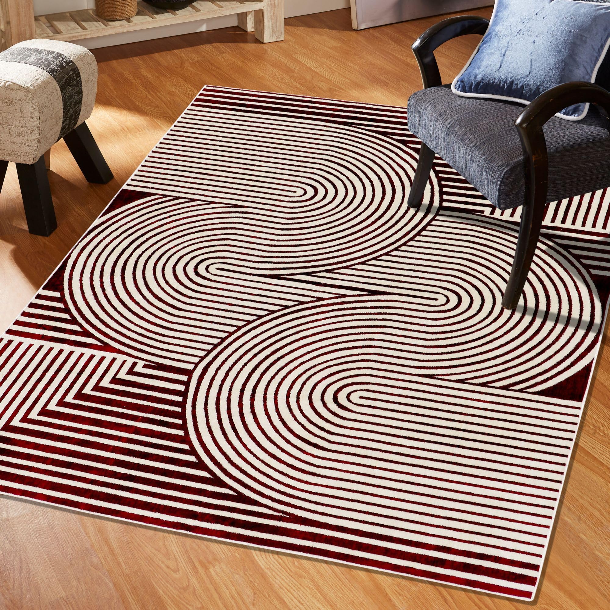 MODEFE 5x7 Feet Rug Carpet Red & White Geometric Printed Primium Persian Carpets for Bedroom/Living Area/Home with Anti Slip Backing - Perfect As Floor Rug for Living Room