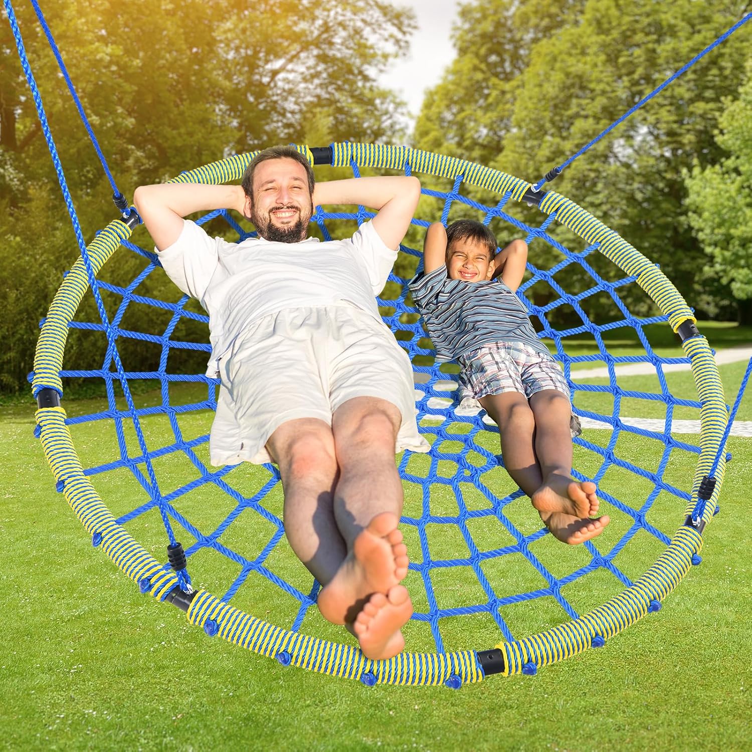Condition photo showing Good Condition for Trekassy Large Spider Web Saucer Tree Swing for Kids & Adults, 750lbs Heavy Duty Outdoor Net Swing with Steel Frame, Yellow/Blue