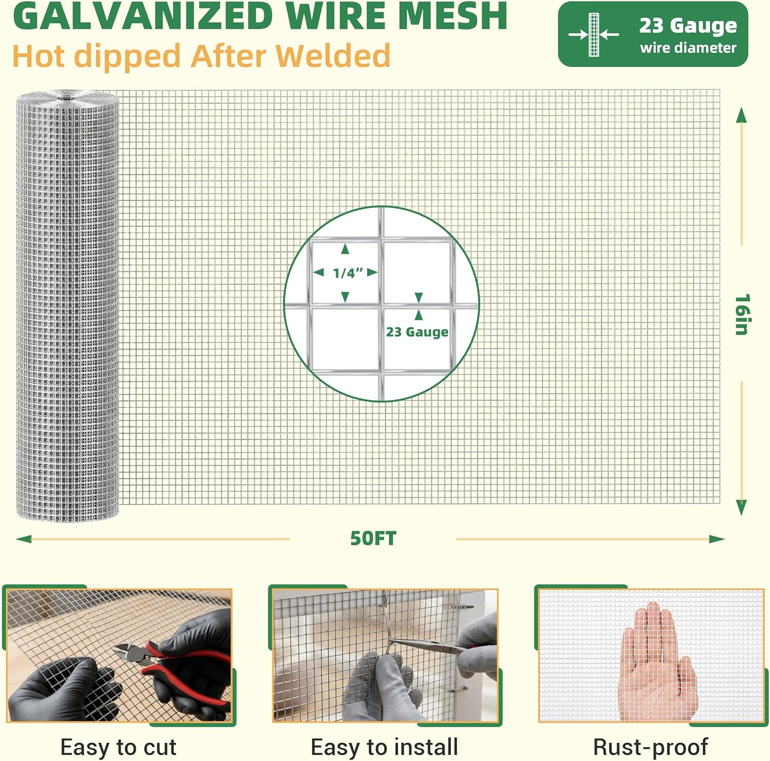 1/4 inch Hardware Cloth, 16in x 50ft 23Gauge Hot Dipped Galvanized Wire Mesh Roll, Silver Welded Wire Fence for Chicken Wire Mesh, Rabbit Cages, Poultry Netting, Garden