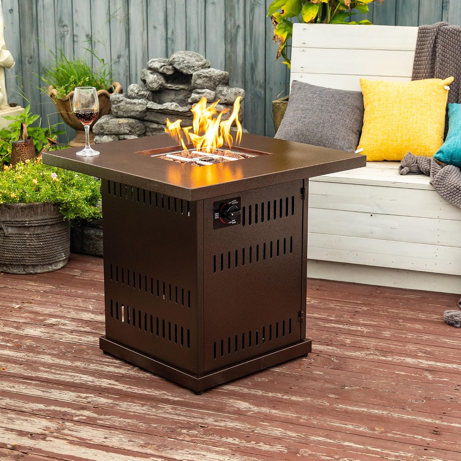 28'' Propane Fire Pit Table, 50,000 BTU Fire Table with Steel Lid, Big Legs, Laval Rocks, Deck Safe Fire Pit, Gas Fire Pits for Outside Patio, Brown.