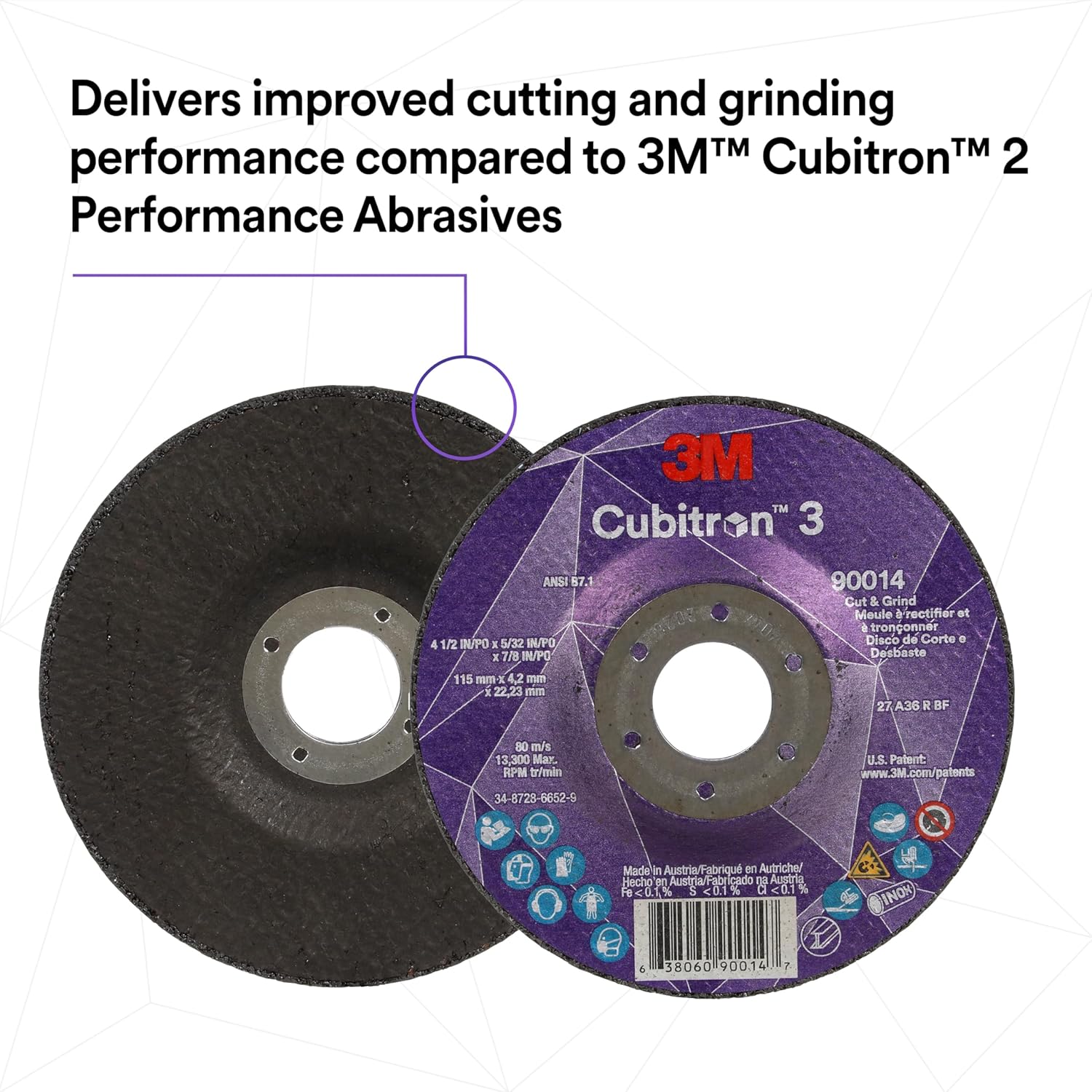 3M Cubitron 3 Cut and Grind Wheel, 88990, 36+, T27, 5 in x 1/8 in x 5/8 in-11, Pack of 10, ANSI, Longer Life, Faster Cut, Back-Gouging, Fillet Weld Removal, Cutting, Grinding