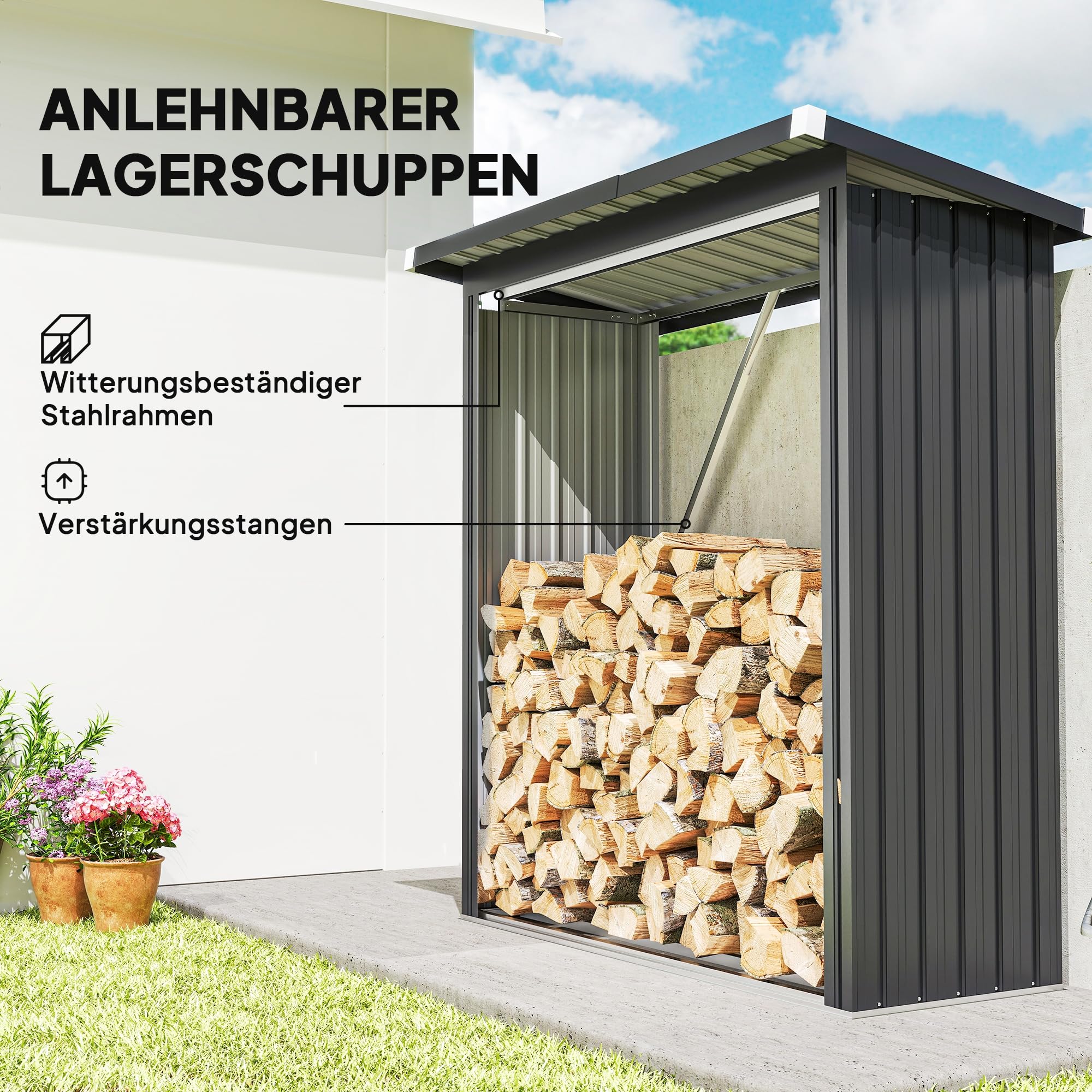 Outsunny Brennholzunterstand erhöhtes Brennholzregal mit Pultdach Schnelle Montage Kaminholzunterstand Metall Holz Lager Brennholzlager Garten Holzlager für Kaminholz Dunkelgrau