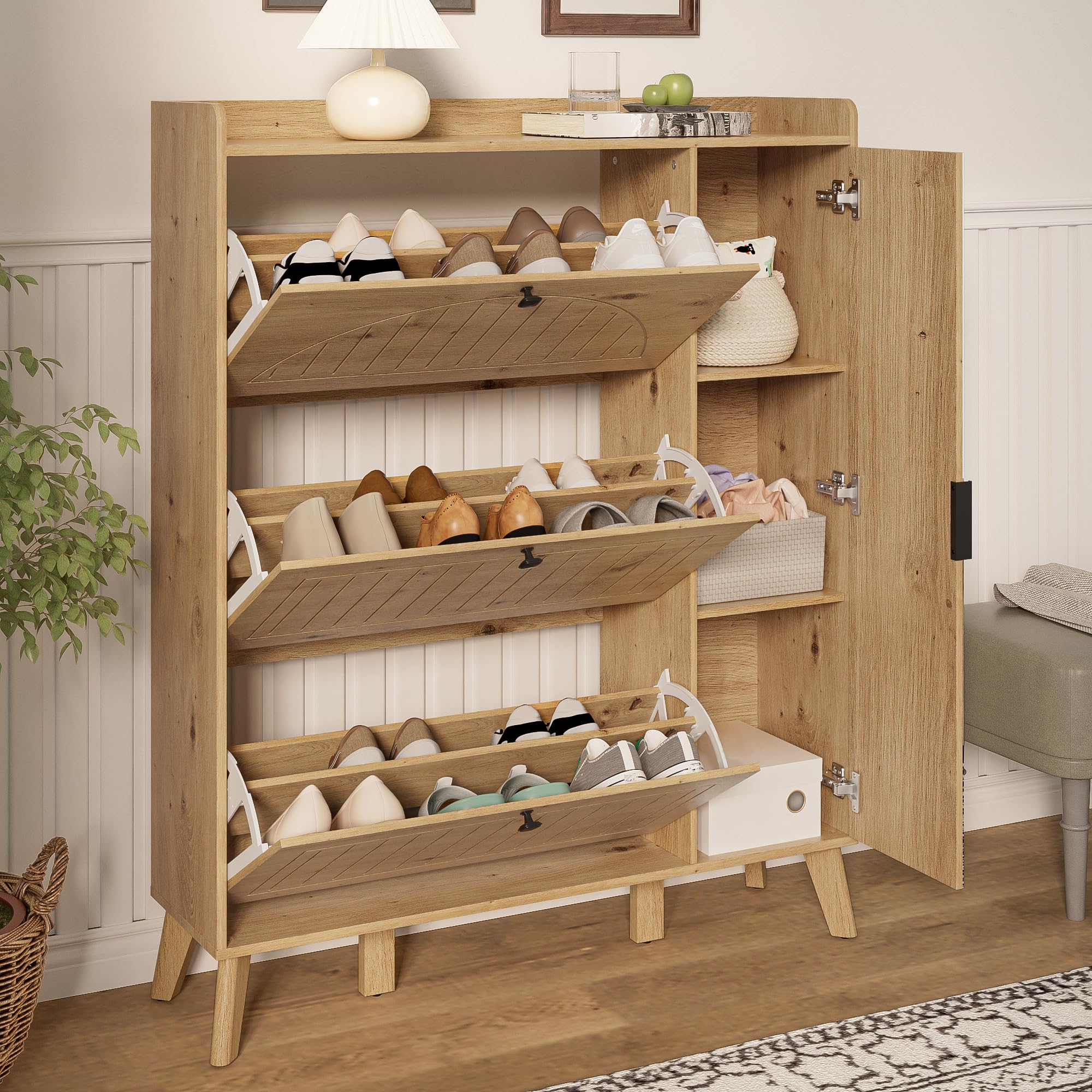 Scarpiera da corridoio, 110 x 24 x 137,5 cm, con specchio, 3 scomparti pieghevoli e ripiani, effetto legno, robusta scarpiera per ingressi stretti, design nordico