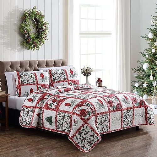 Miniatura 4 de Beatrice Home Fashions Juego de ropa de cama ligera para cama individual, diseño de muérdago, acebo, flor de pascua, rojo, verde, blanco