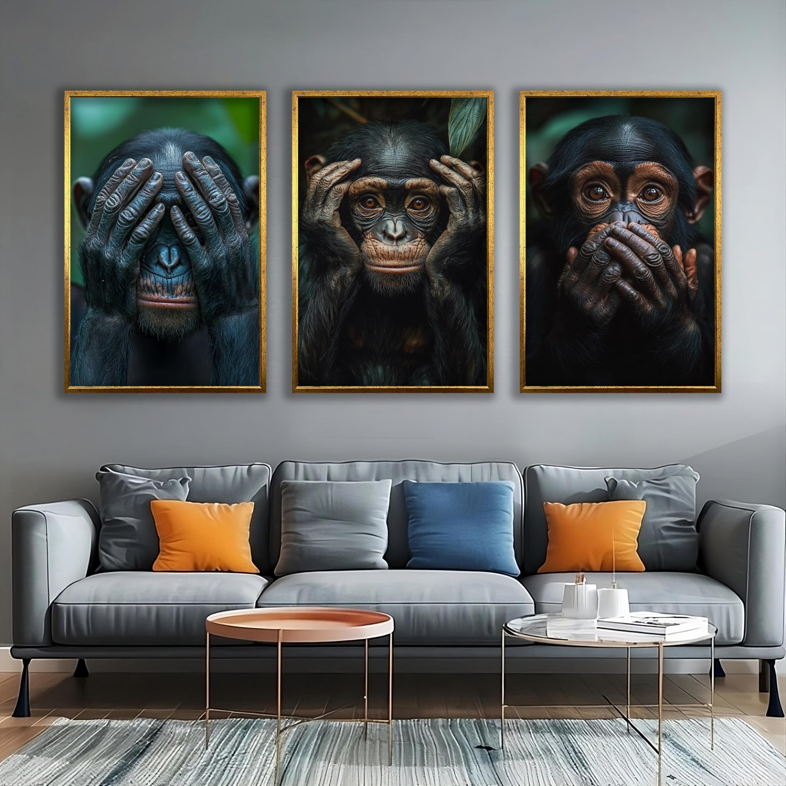 Zestaw 3 obrazów z mądrymi małpami, abstrakcyjne obrazy na płótnie małp, portrety zwierząt, dekoracyjne plakaty do sypialni (60 x 90 cm x 3 / bez ramki)