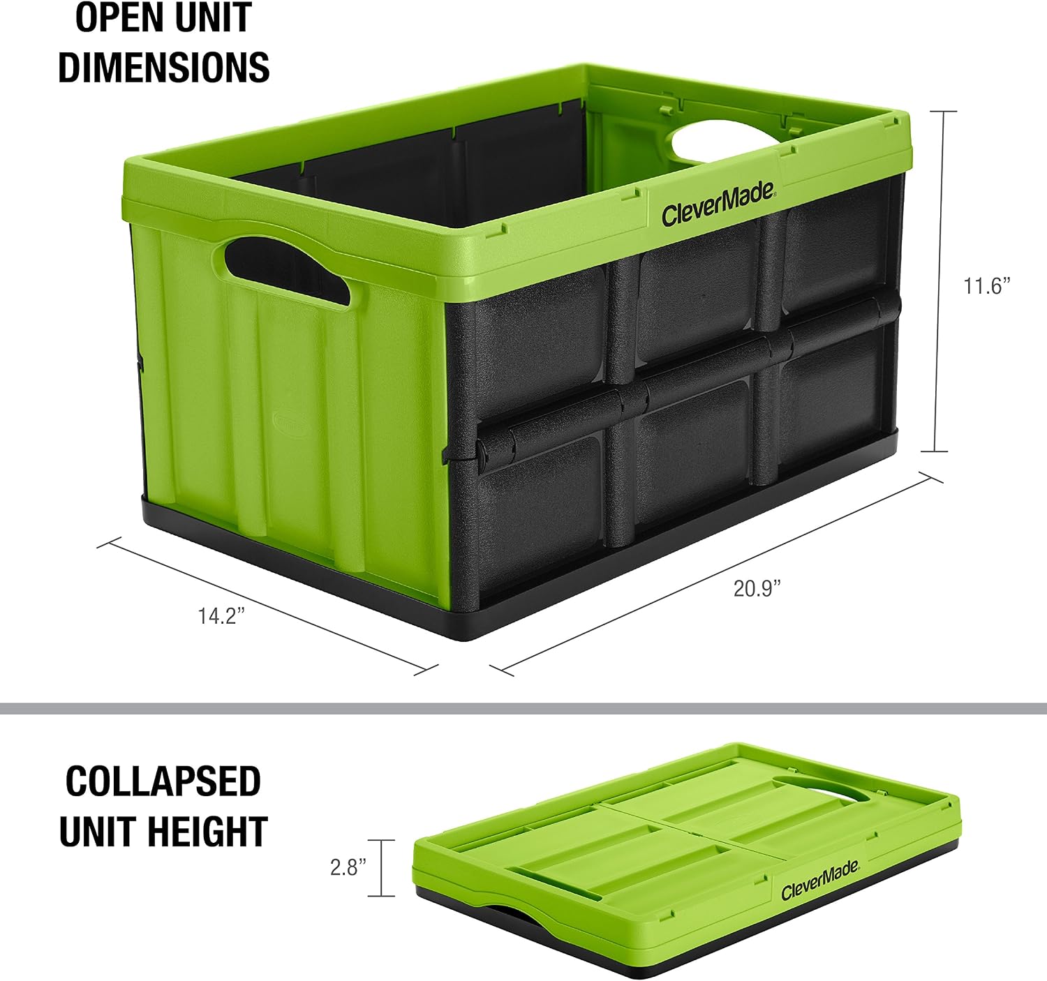 CleverMade CleverCrates 46 Liter Collapsible Storage Bin/Container: Solid Wall Utility Basket/Tote, Kiwi Green