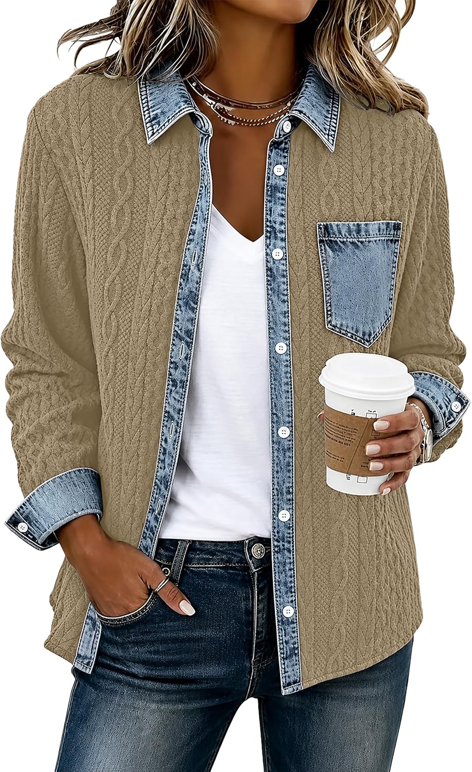 GUNEST Womens Shacket Denim Patchwork Button Down Loose Jackets Top Coats