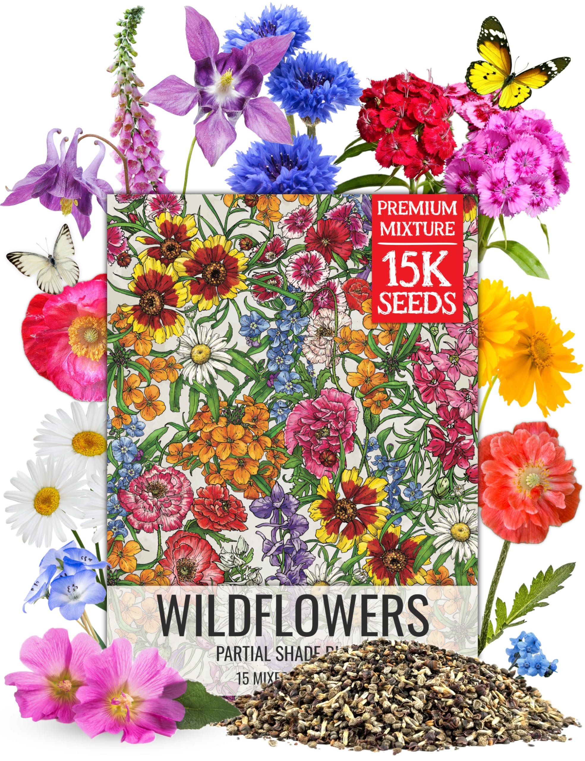 Seed Needs Partial Shade Wildflower Seed Mix for Planting | 1 Ounce 14+ Varieties Open Pollinated Annual & Perennial Species | Flower Seeds Shade Tolerant | Bulk
