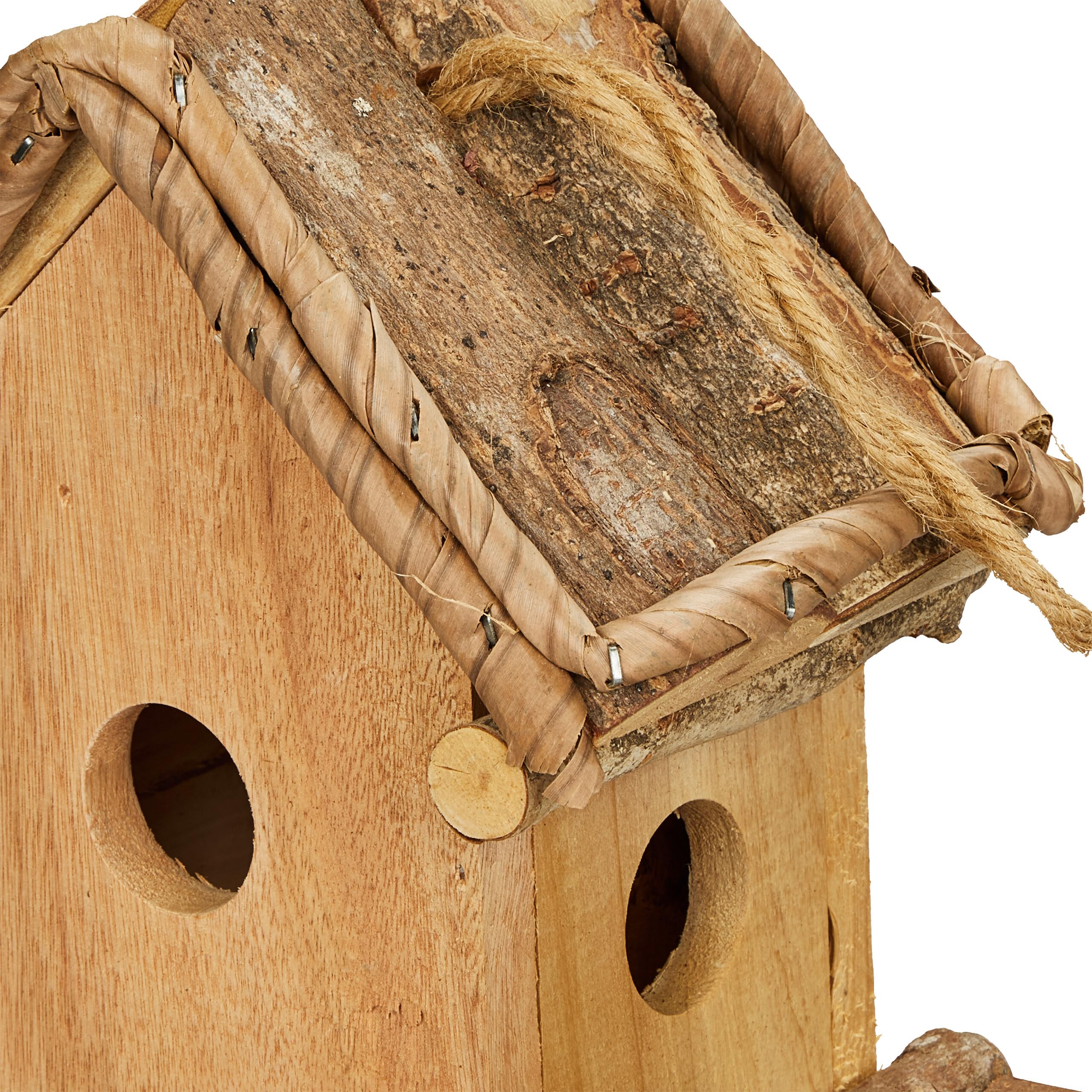 Relaxdays Casetta Decorativa per Uccelli con Mangiatoia, Casa per Uccellini da Esterno, 21x21x12,5 cm, Legno, Naturale