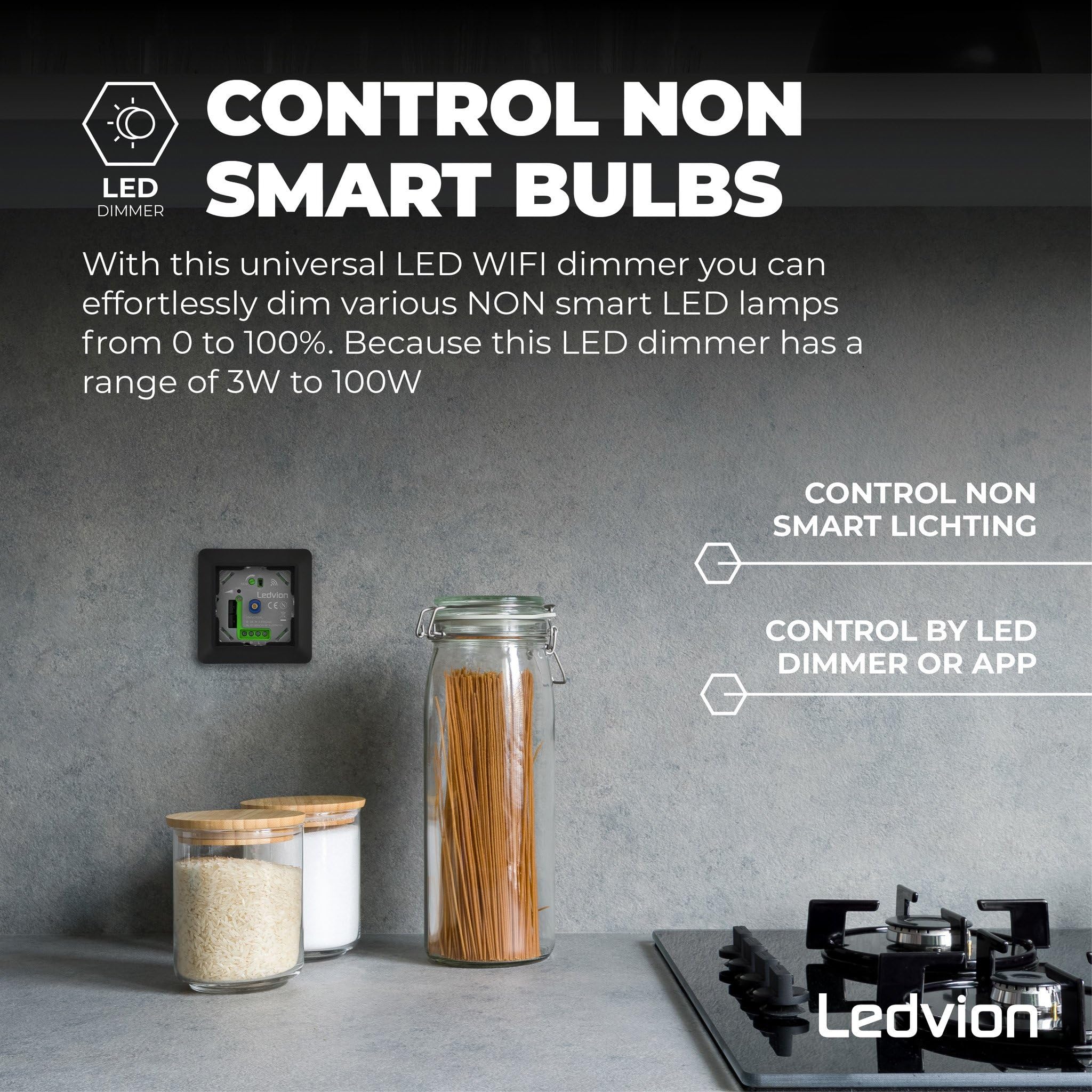 Ledvion - Interruttore Intelligente LED, LED 5-250W, Copertura Nera, Taglio di Fase, Dimmer Rotativo da Incasso, Variatore Rotativo LED