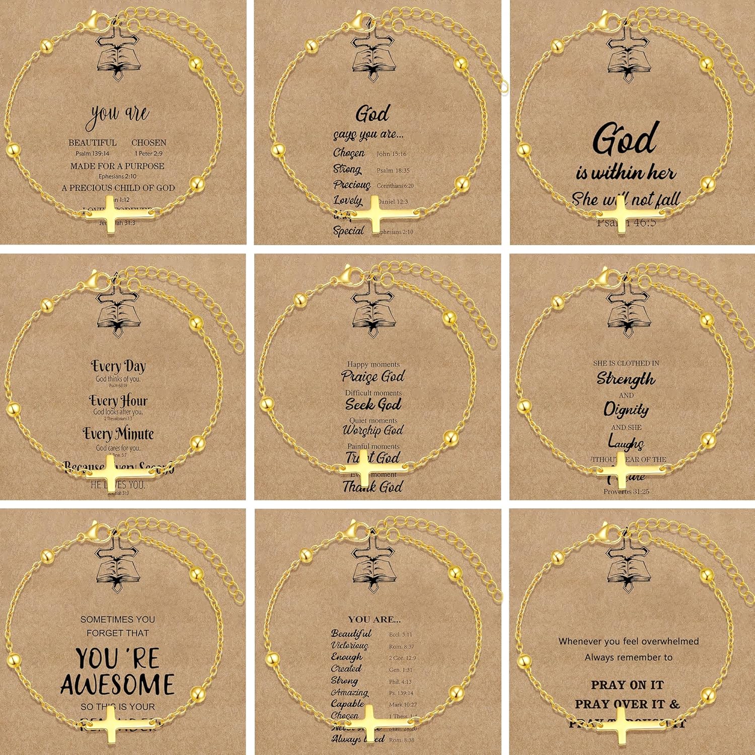 BROCC 9PCS Chain Cross Bracelet for Women 18K Gold Plated Cross Chain Charm Bracelets Adjustable Simple Link Chain Bracelets Faith Jewelry