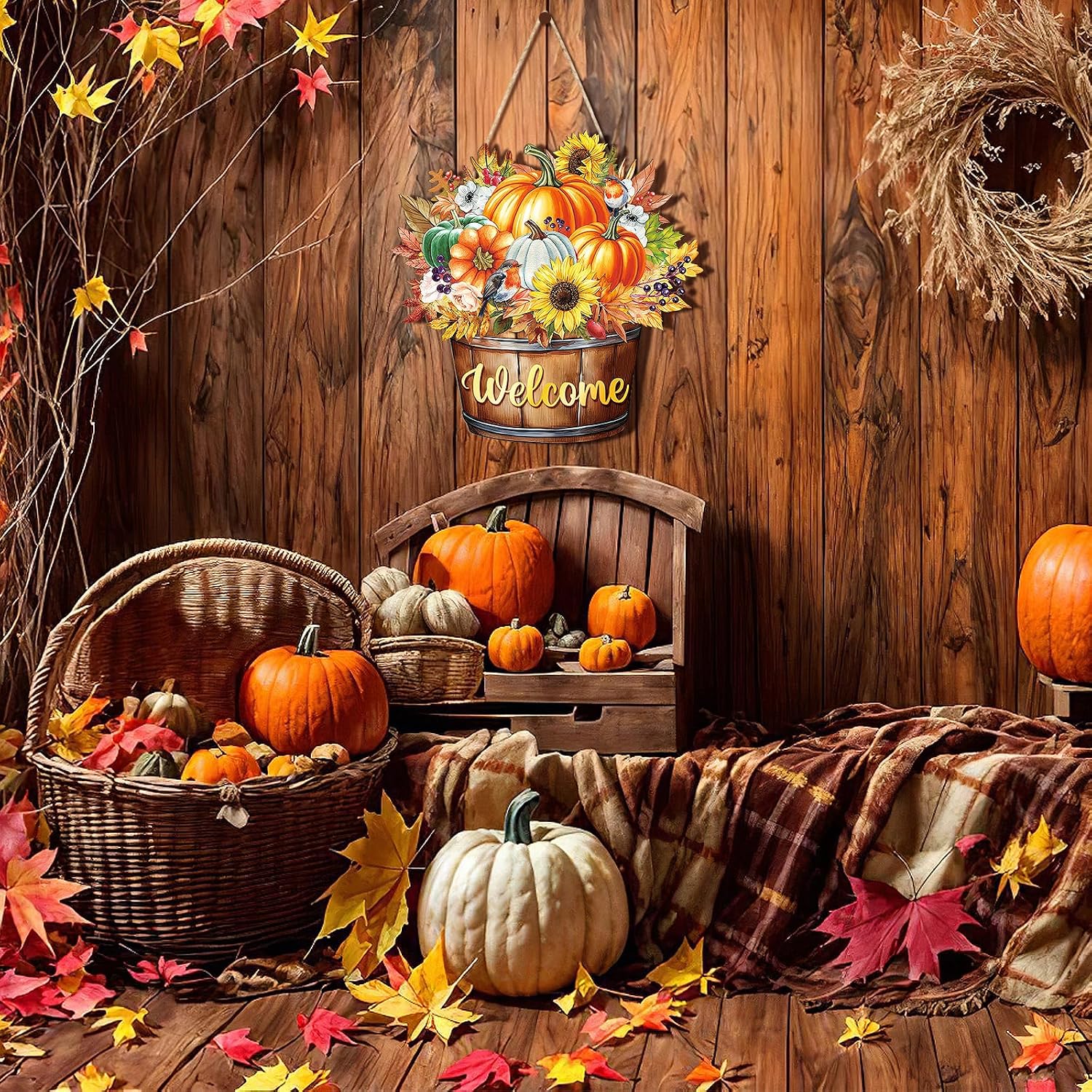 Fall Decoration Welcome Wreaths for Front Door, Wooden Hello Fall Pumpkin Thanksgiving Door Sign Ornament, Wood Mason Jars Maple Leaf Flower Farmhouse Hanging for Autumn Harvest Porch Home Decor