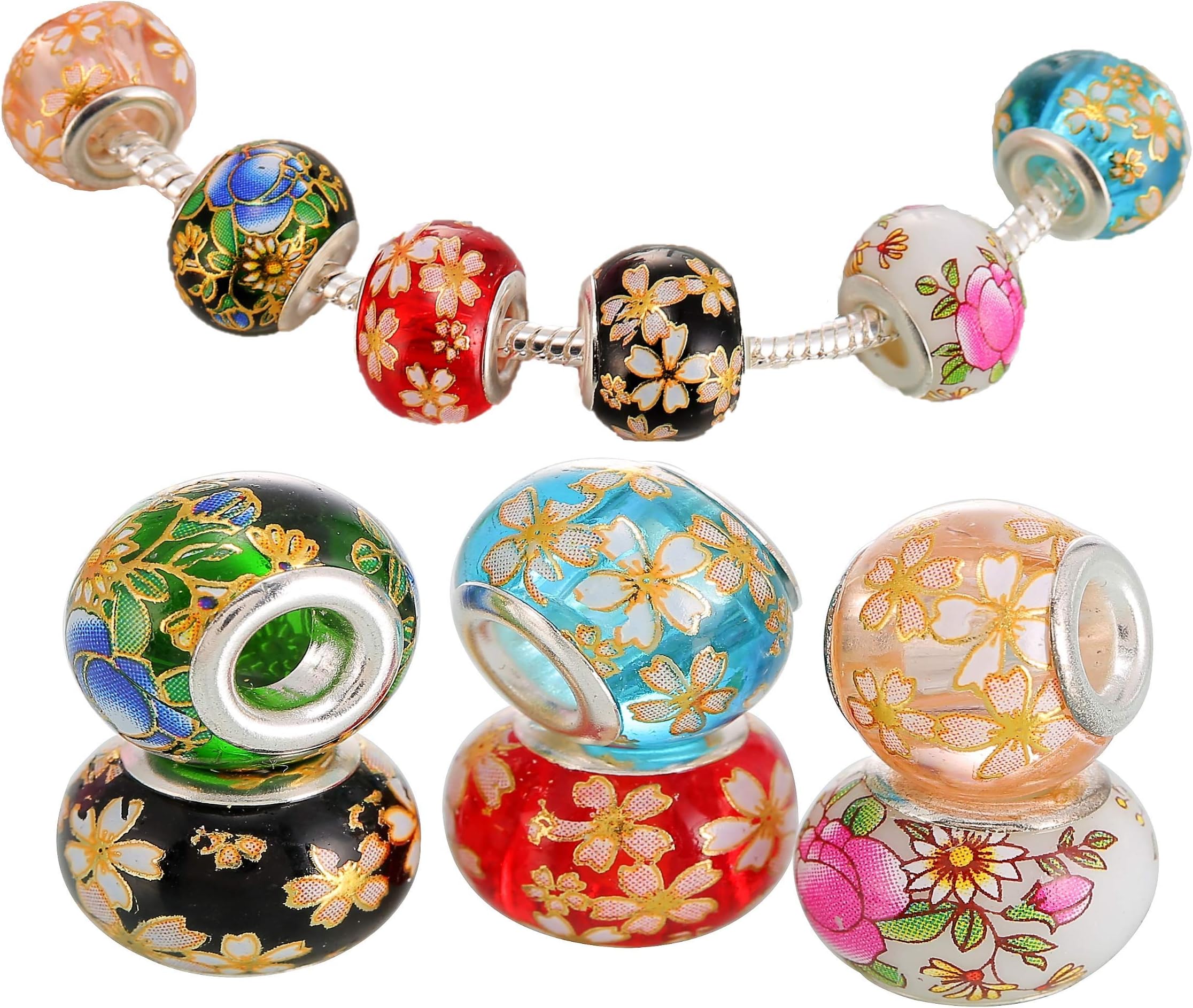 RKC Divine Design By RKC Jewelz LondonSet of 6 Floral Murano Glass Beads Charms for Jewellery Making Bracelets with Gift Box - UK Brand, UK Quality Every Time