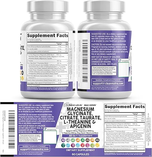 Miniatura 8 de Clean Nutraceuticals Complejo de glicinato de magnesio 1000 mg con L-teanina 200 mg de apigenina 50 mg citrato taurato suplemento