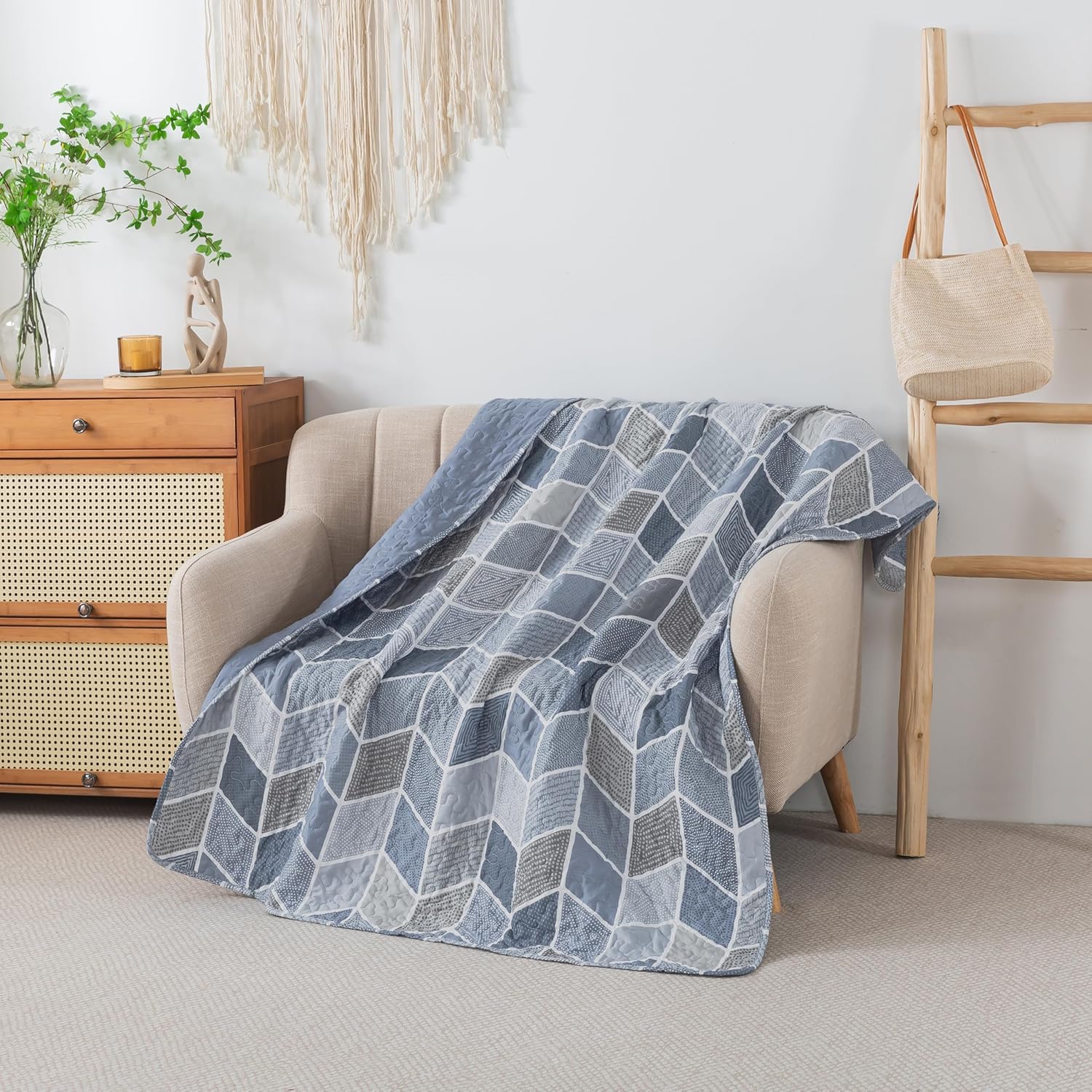 SLPR Heather 50" x 60" Quilted Throw Blanket: Lightweight Chevron Quilt, Cream and Blue Lap Comforter, Zig Zag Farmhouse Coverlet, Summer Quilted Blanket for Couch and Bed - Image 4