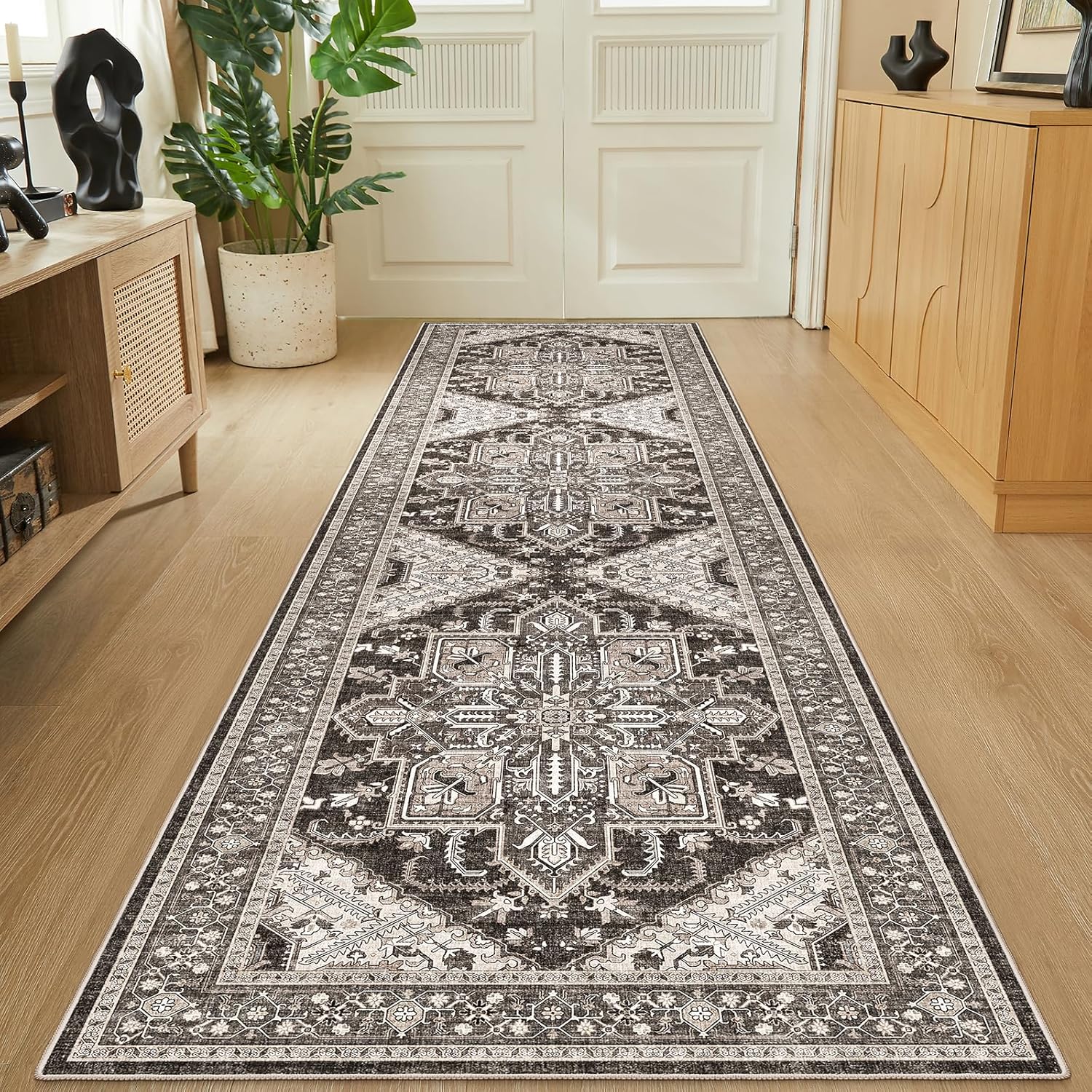 WITSHOCK Living Room Area Rugs 3x12: Washable Rug Boho Soft Non-Slip Low Pile Stain Resistant Foldable Carpet for Bedroom Playroom Dining Room Office Kitchen Farmhouse Home Decor Rug-Black