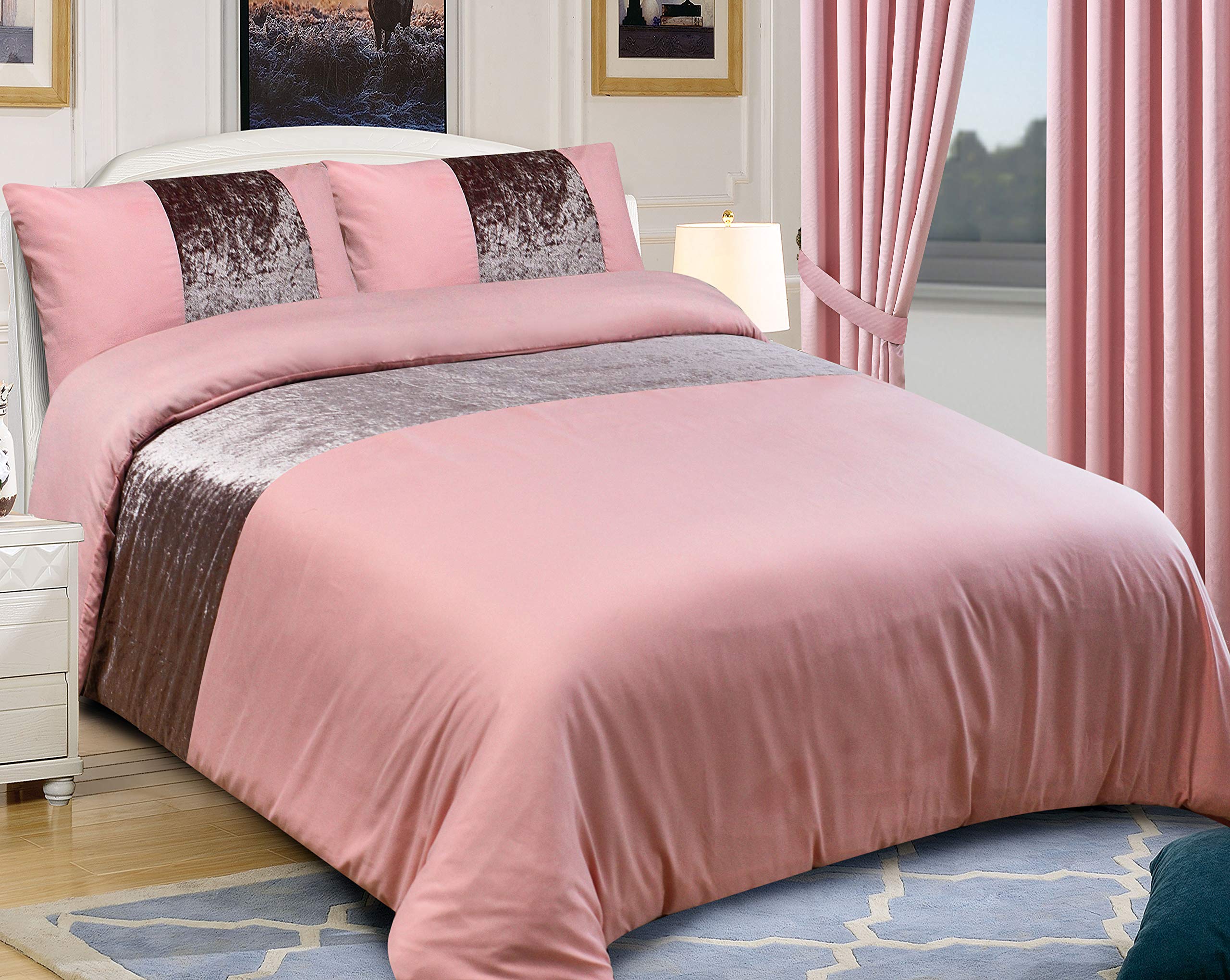 Zimel Homes Blush Pink -Crushed Velvet Microfiber Panel Duvet Quilt Cover Bedding Set With Pillowcases – Double Size (200Cm X 200Cm)