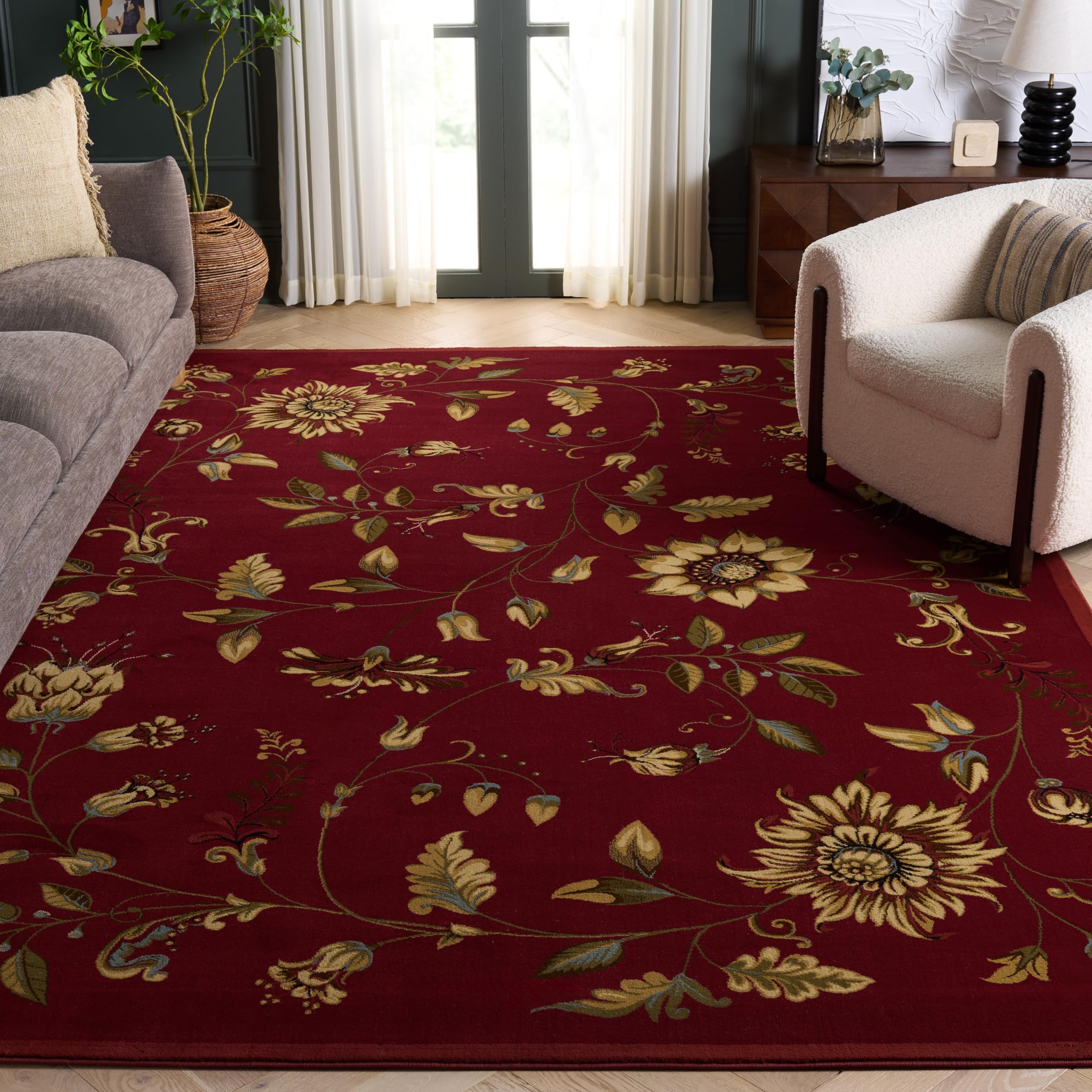 SAFAVIEH Lyndhurst Collection Area Rug - 8'9" x 12', Red & Multi, Traditional Floral Design, Non-Shedding & Easy Care, Ideal for High Traffic Areas in