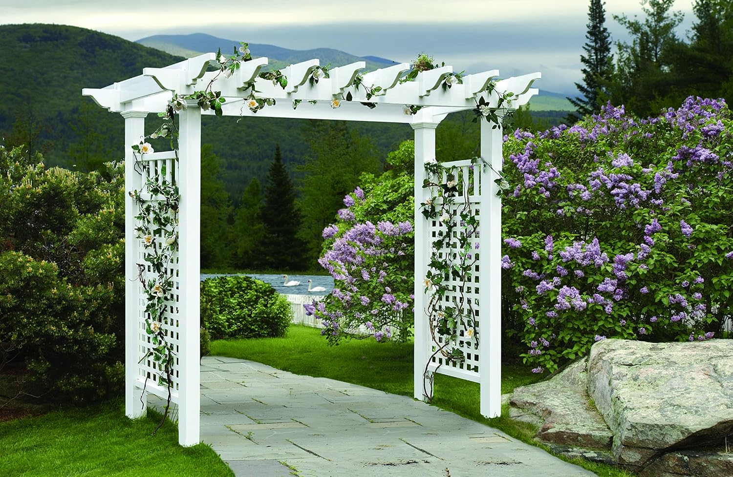 Vita Fairfield Grande Vinyl Arbor with climbing plants