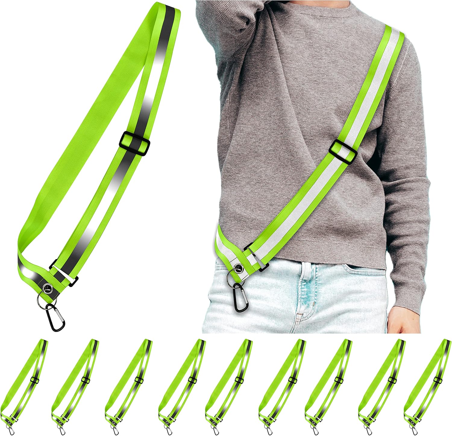 Bulk 10 Pack - Safety Reflective Sash for Walking at Night Adjustable Safety Sash for Men Women Kids Reflective Belt Sash for Running Walking Biking