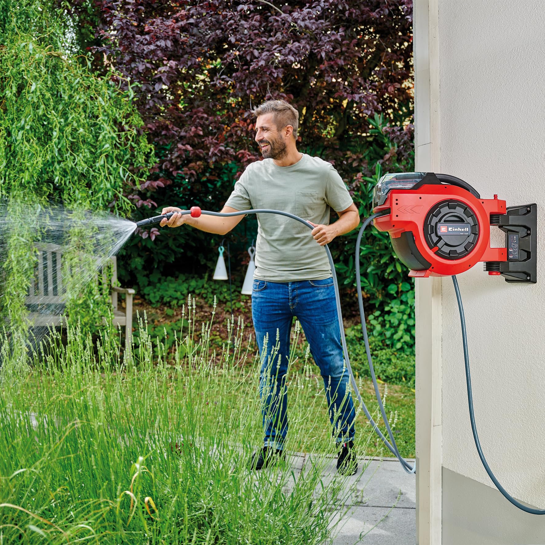 Einhell Tamburo avvolgitubo a batteria GE-HR 18/30 Li-Solo Power X-Change (avvolgitubo automatico, orientabile fino a 180°, supporto a parete, tubo e irroratore, manichetta da 30 m, senza batteria)