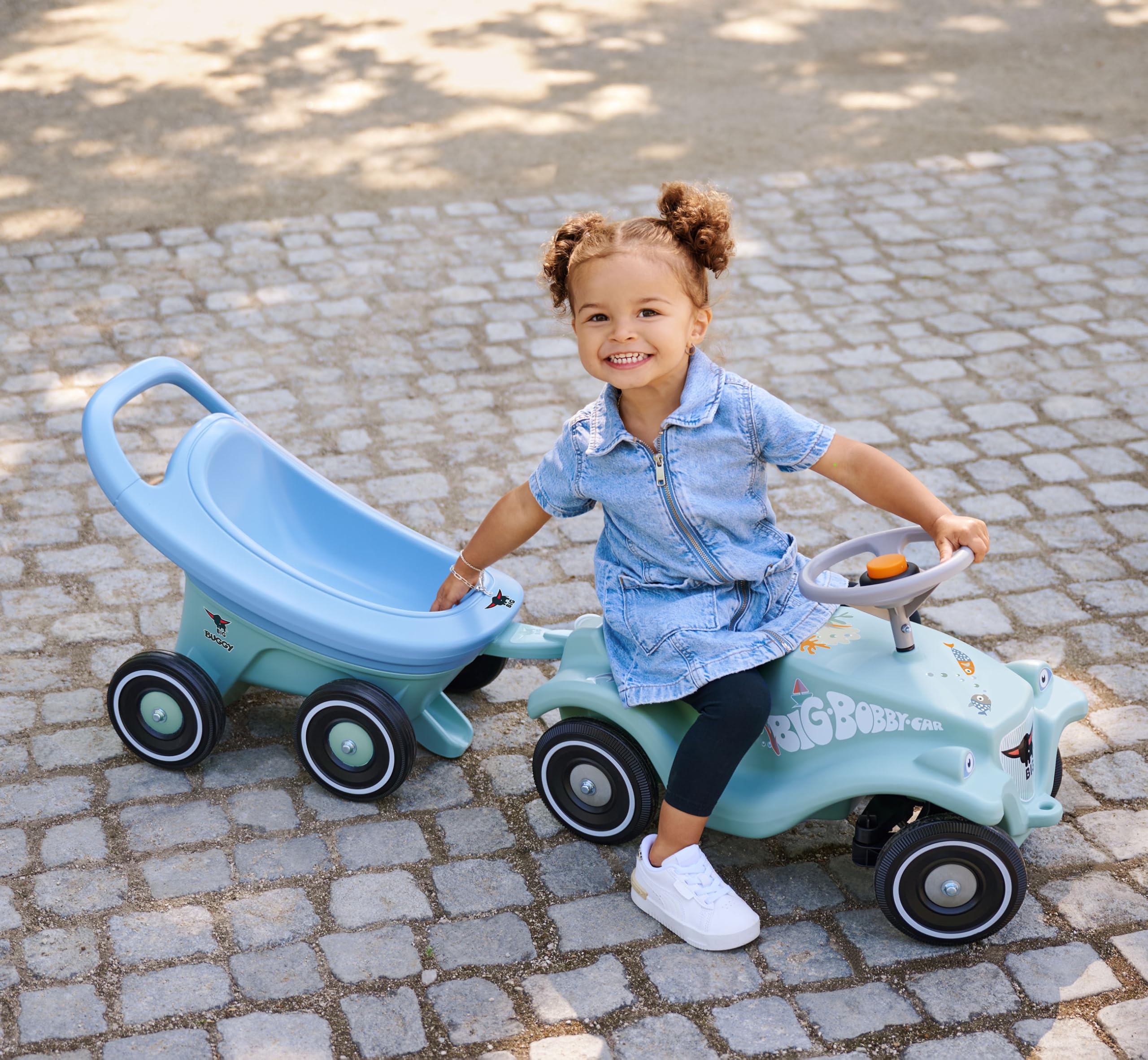 BIG Buggy 3-in-1 Lauflernwagen mit verstellbarer Bremsfunktion, Anhänger, inklusive 4 Flüsterräder, blau-türkiser BIG Buggy, für Kinder ab 1 Jahr