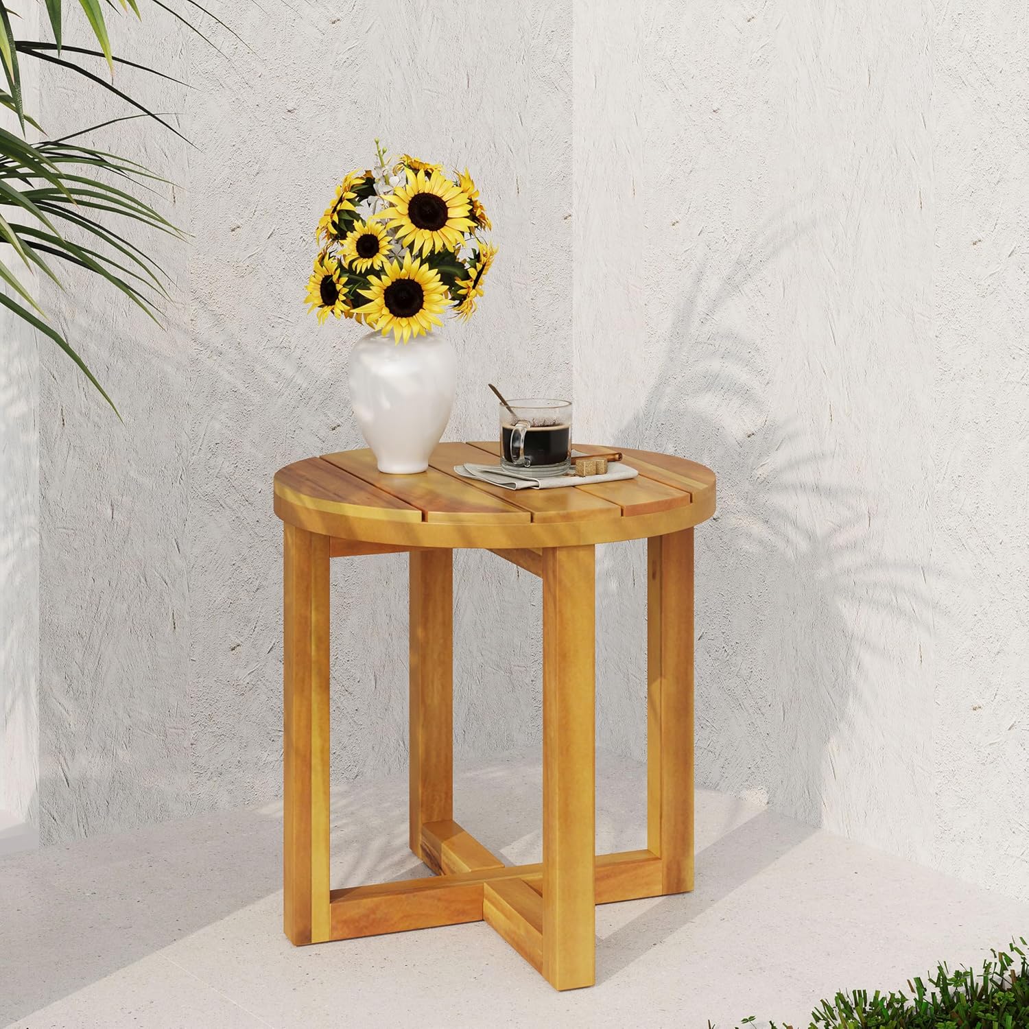 Merax Acacia Outdoor Wood Round Accent Side Table, Cross Base Design with Slat Detailing, Weather-Resistant, Teak