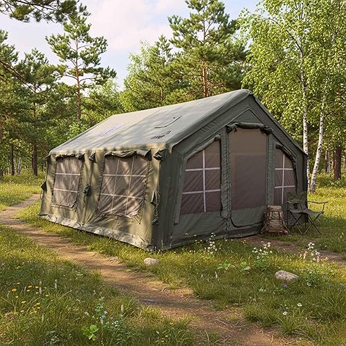 Coody Inflatable Canvas Camping Tents with Stove Jack – Premium Air Beam Family Glamping Tent, Breathable Cotton Canvas, Fast Setup Air Tent with Pump