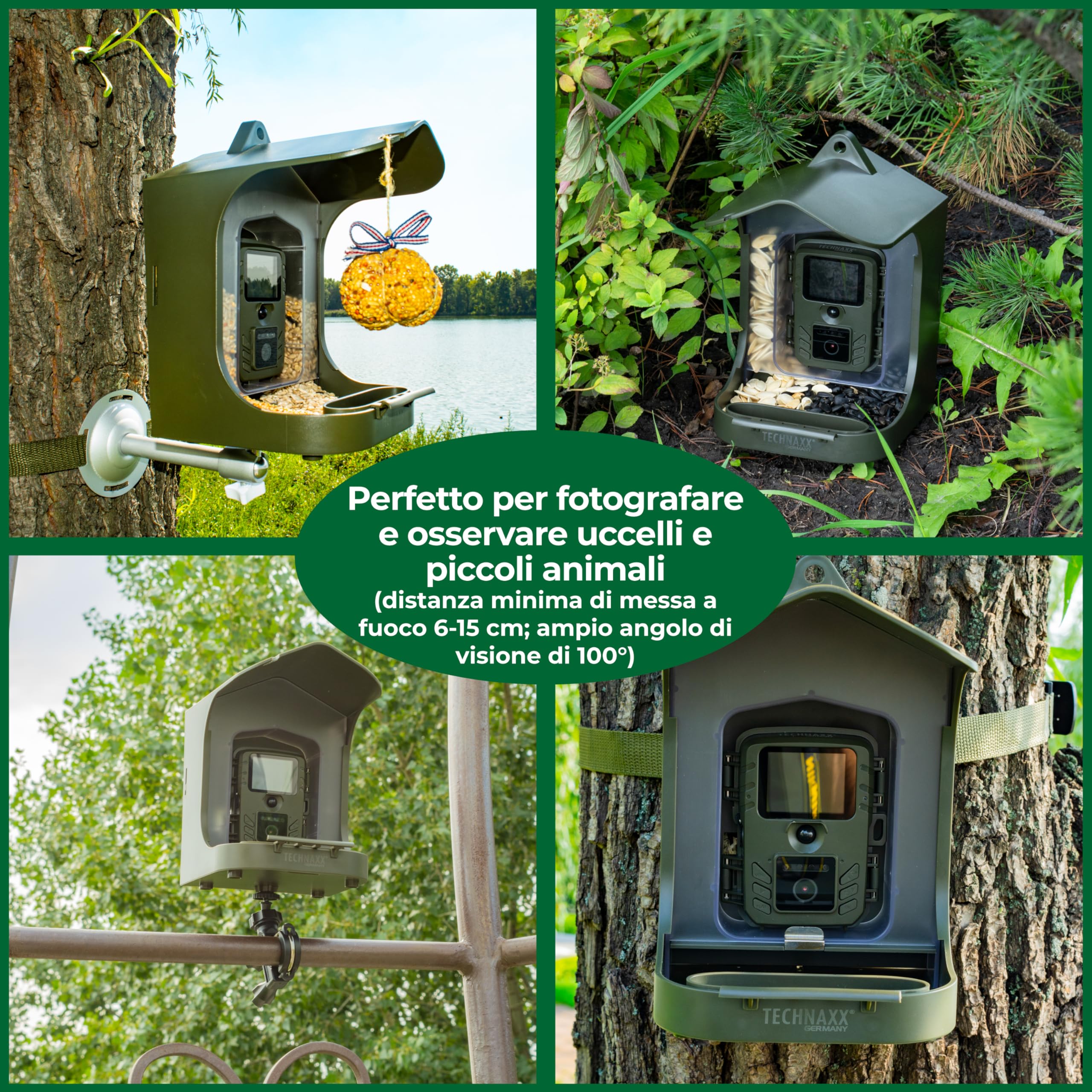 Technaxx Casetta per Uccelli con Telecamera Full HD 1080p – Mangiatoia da Esterno con Angolo 100°, Visione Notturna, Sensore PIR, Slow Motion, IP56 Resistente, Montaggio a Parete e Balcone – TX-165