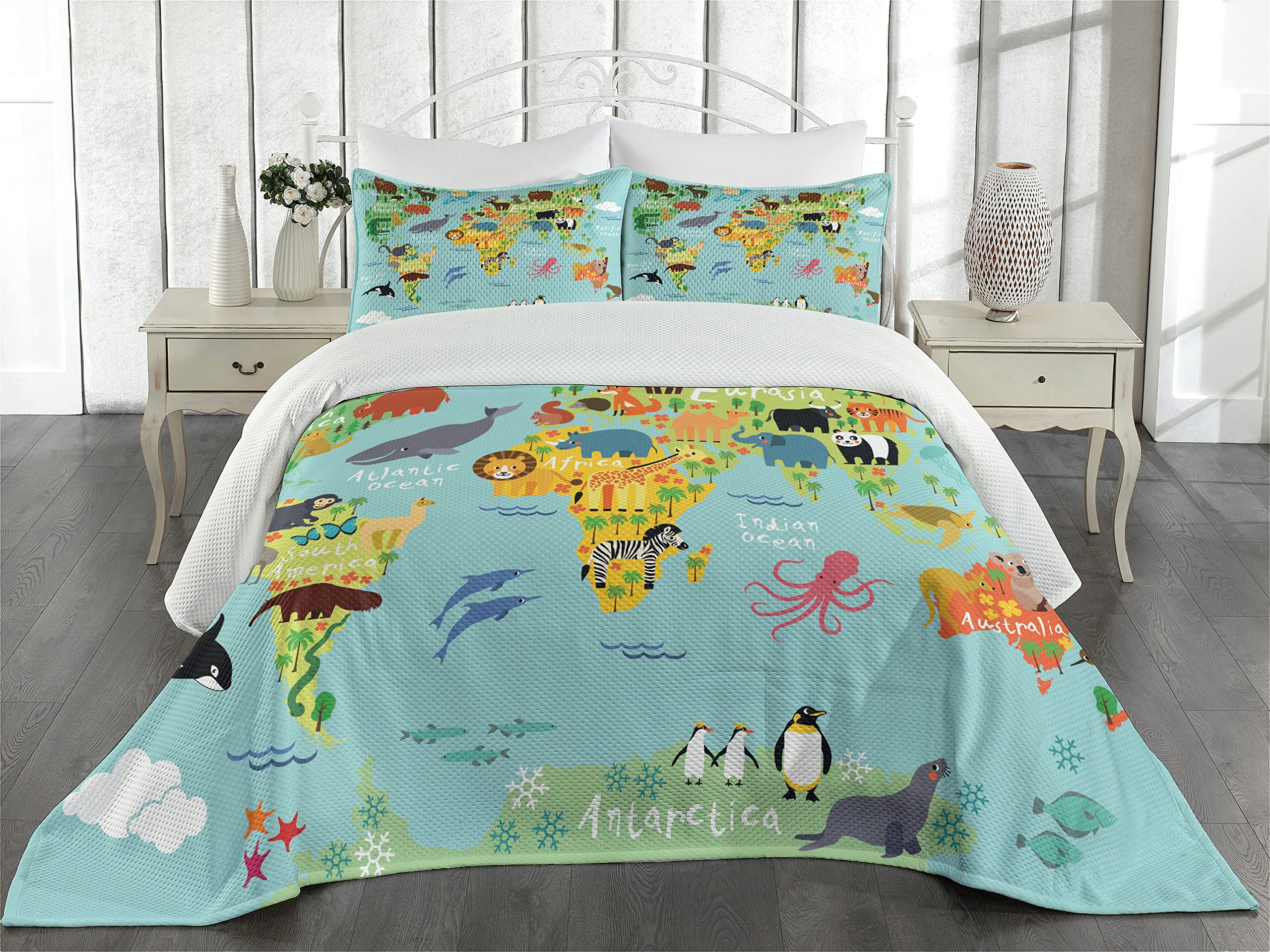 Ambesonne Cartoon Coverlet Set, Animal Map of The World for Cartoon Mountains Forests Happy Atlas, 3 Piece Decorative Bedding Bedspread with 2 Pillow Shams, Twin Size, Yellow Green and Pale Blue