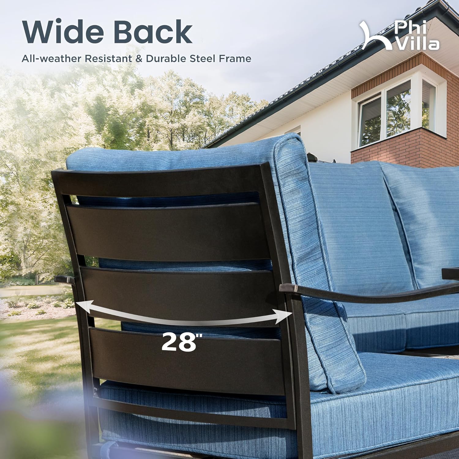 PHI VILLA 4 PCS Patio Furniture Sets for 5 Person with 1 x 3-Seat Deep Seating Bench, 2 x Cushioned Swivel Sofa Chairs & 1 x Coffee Table, Outdoor Metal Conversation Set for Lawn Garden, Peacock Blue