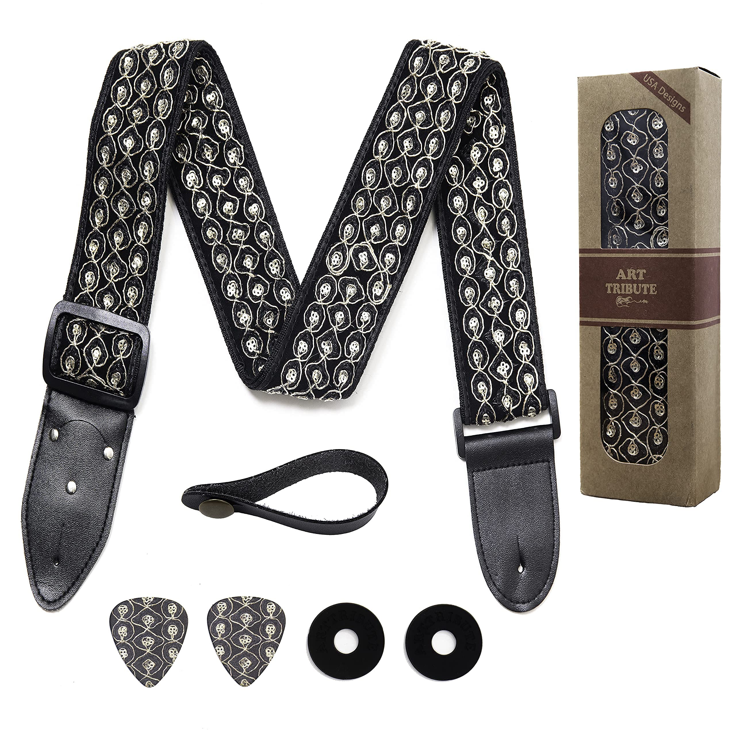 Art Tribute Gold Beaded Guitar Strap Christmas Gift Includes 2 Picks + Strap Locks + Strap Button. For Bass, Electric & Acoustic Guitars. Awesome Stocking Stuffer for Men & Women