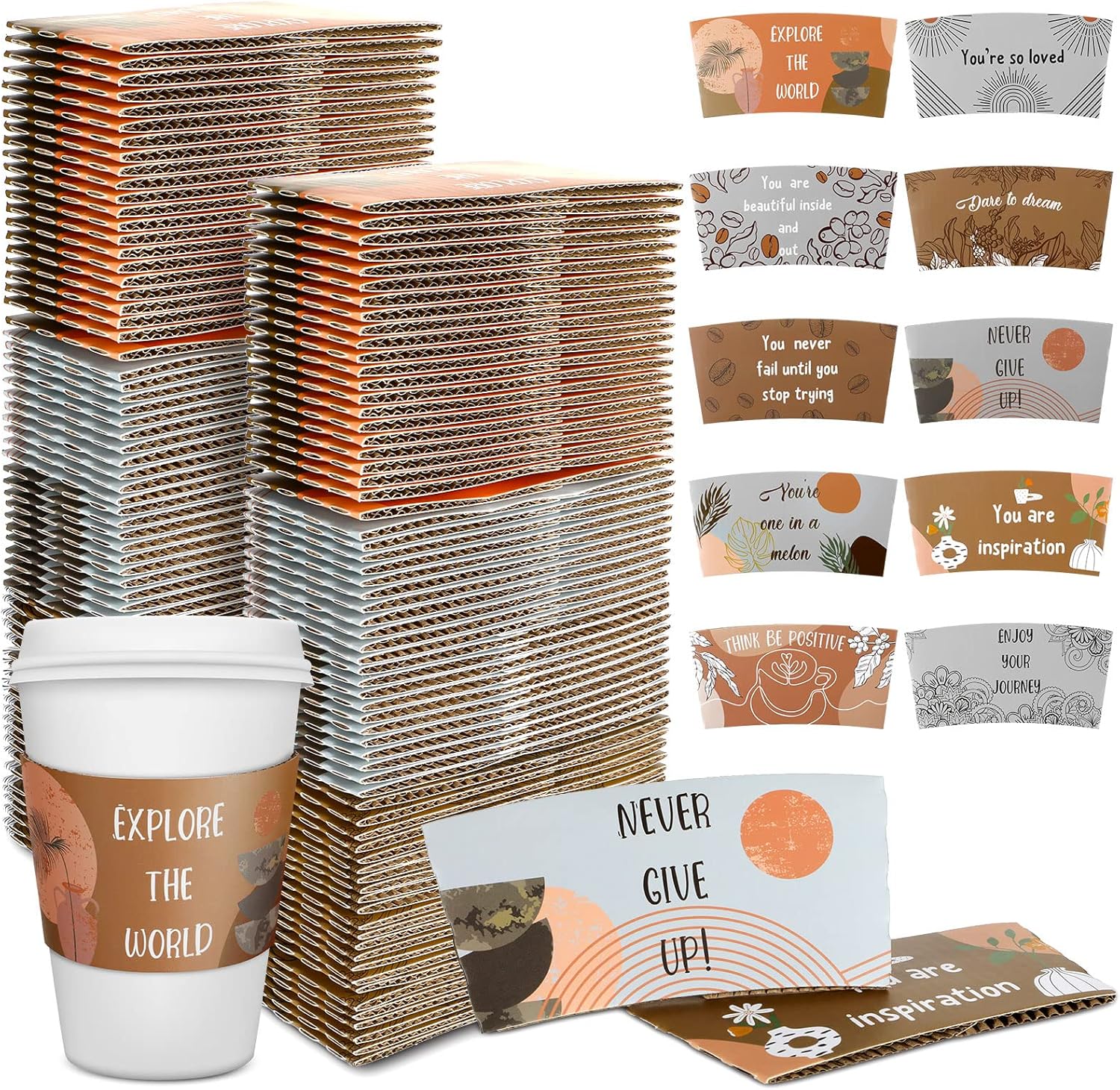 Dingion 500 Pack Coffee Cup Sleeves Corrugated Cardboard Motivational Disposable Sleeve for Inspiring Cold or Hot Beverage Chocolate Coffee Tea, Fits 12oz 16oz Paper Cups