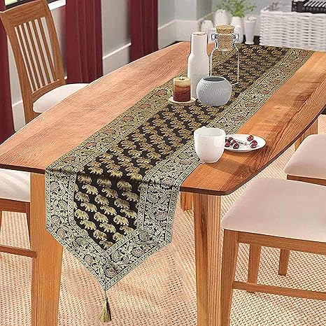 E-EZRA Brocade Silk Table Runner for Living Room 4 to 6 Seater Dinning Table V Shape Runner Elephant End Tassels 80 by 14 Inch (Black)