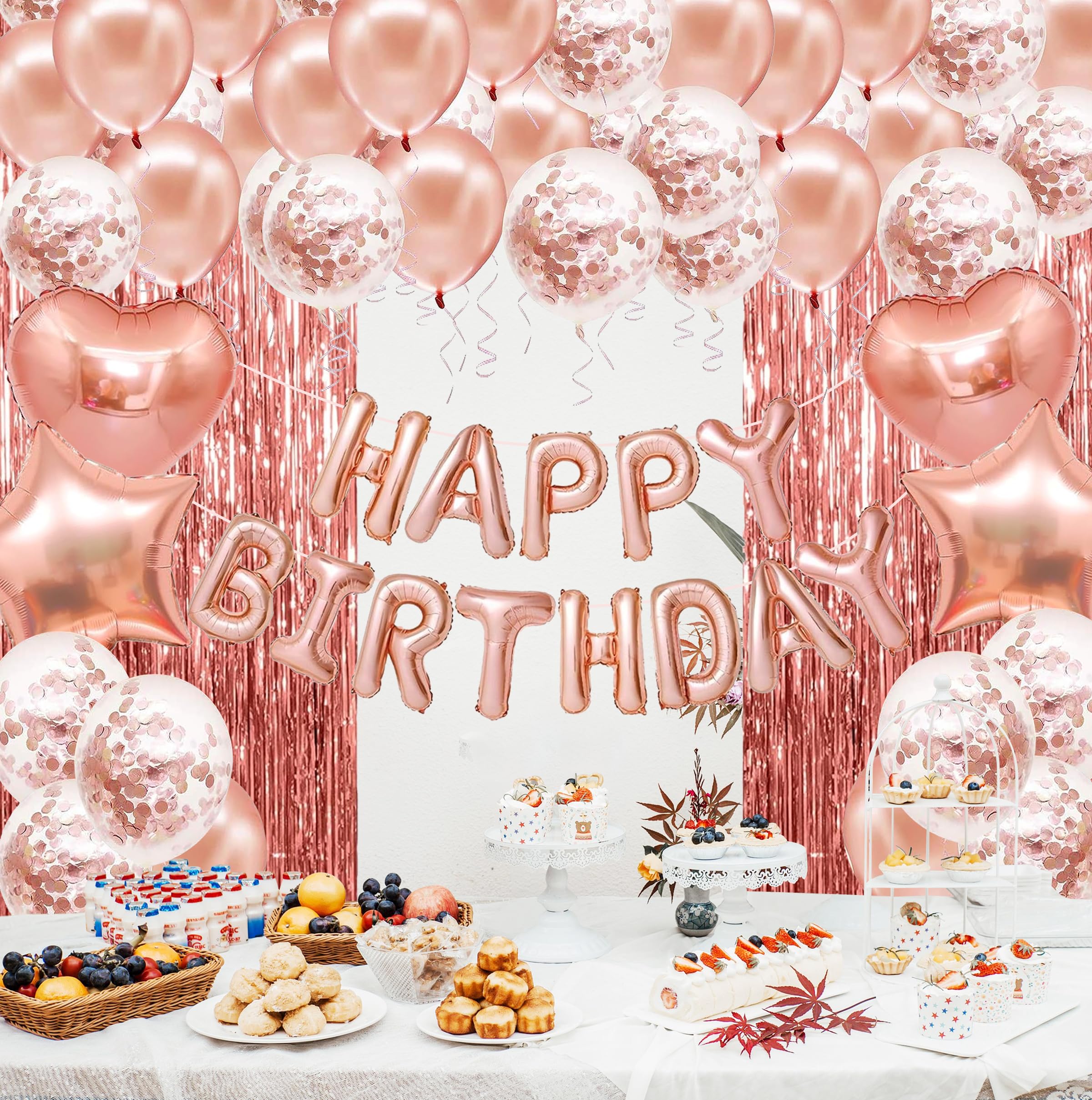 Marisylva Rose Gold Happy Birthday Decorations for Women Girls, Pink Happy Birthday Banner, Foil Heart Star Confetti Balloons, Fringe Curtain Decor