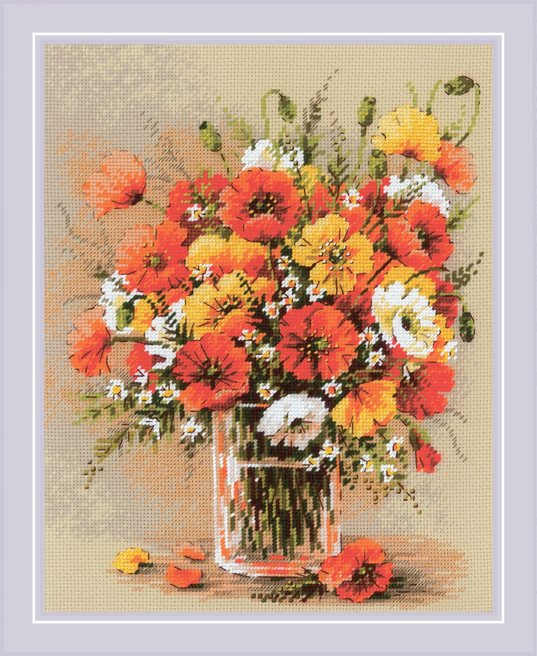 Riolis Multicolored - Field Poppies 2306, Cross Stitch Kits 9½"X11¾, Floral Cross Stitch Kits For Beginners & Advanced, Crossstitching Kit Adult, Flowerd Embroidery Counted Stitching Kit
