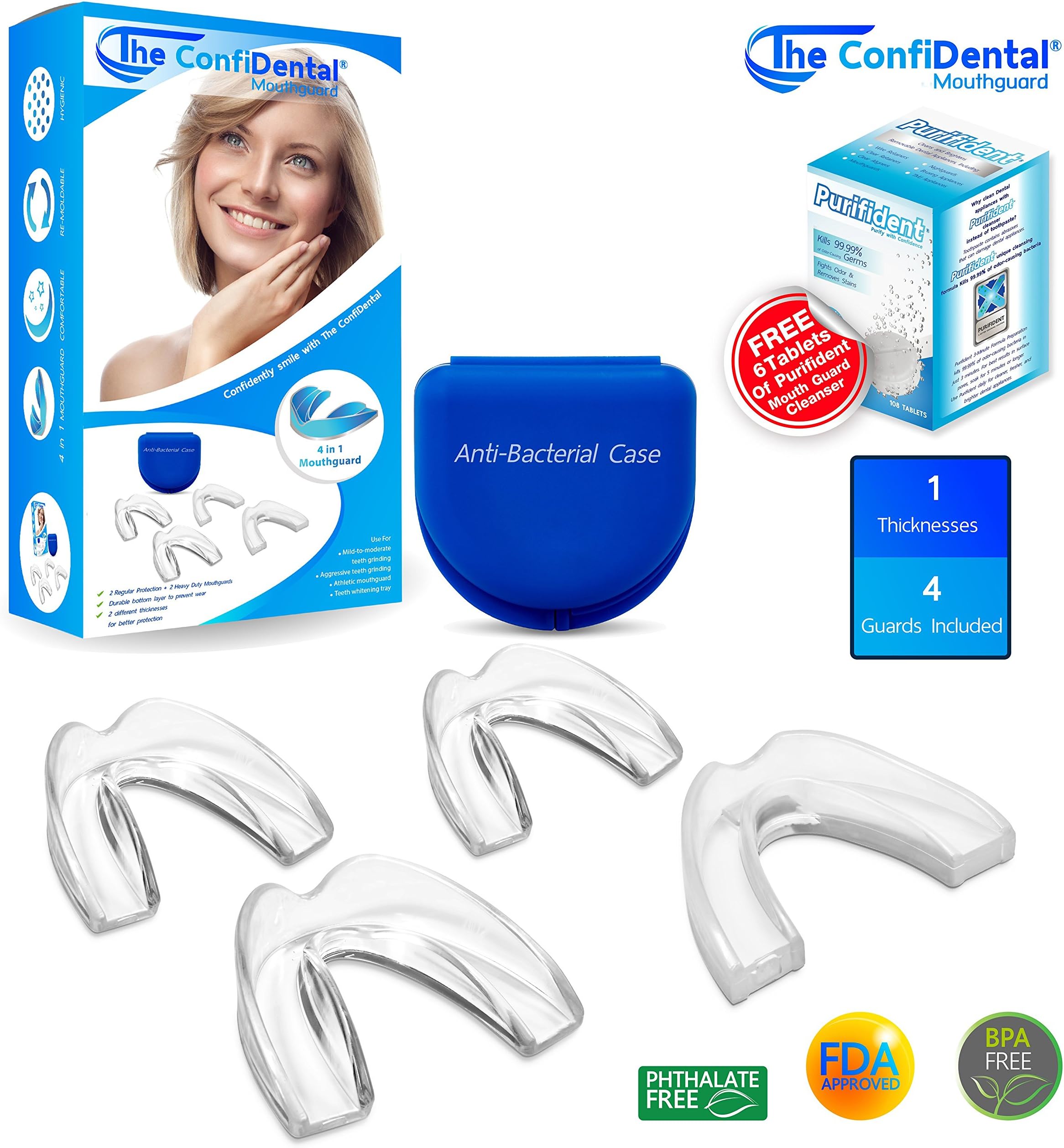 The ConfiDental Dental Guard - Moldable Dental Protector, Premium Pack of 4 including 3 Regular Protection and 1 Heavy Duty Dental Guards for Teeth Grinding, and Bruxism. Free 6 Cleansing Tablets.