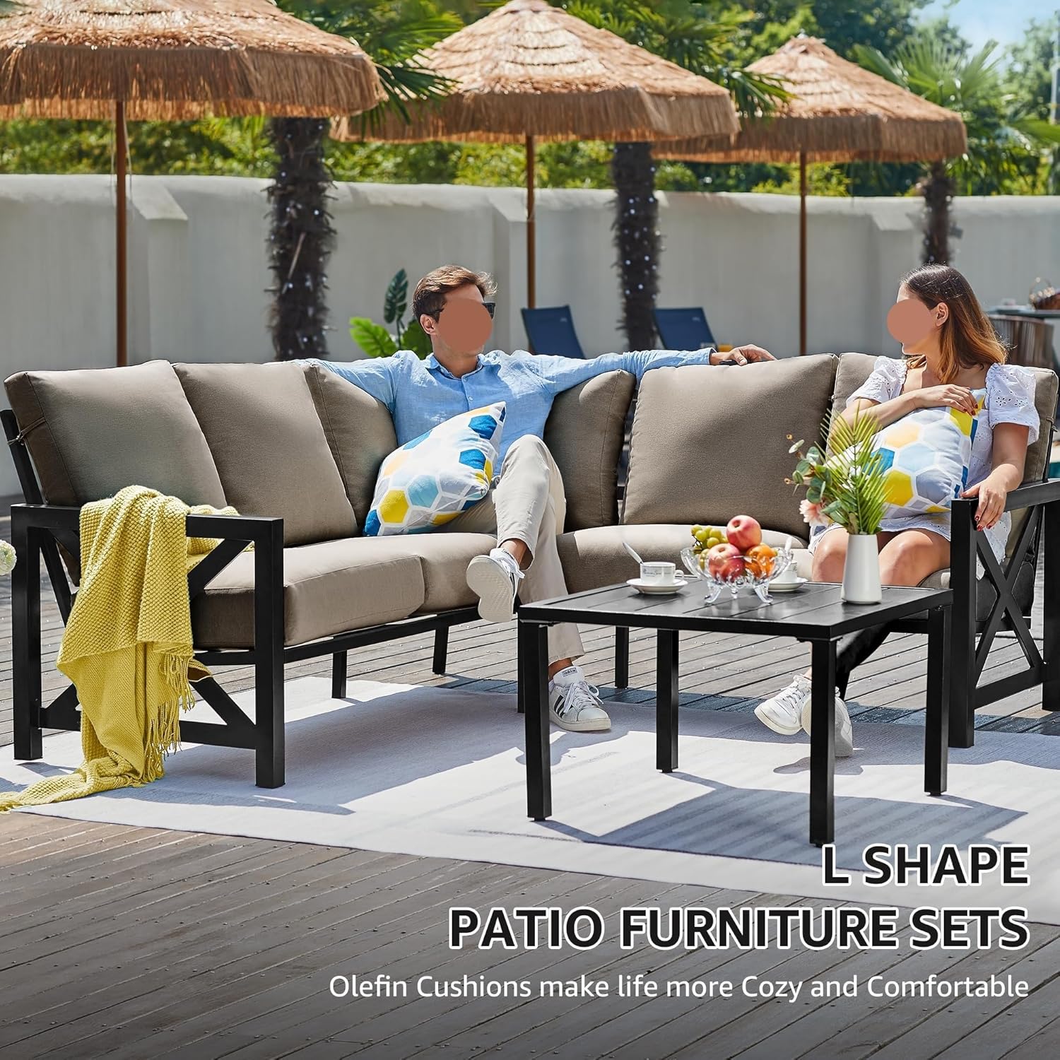 6 Pieces Patio Furniture Sets L Shape Sectional Couch Sofa Patio Conversation Set with 6.5" Grey Cushions Hand-Paint Fauxwood Metal Frame for Backyard Porch Balcony(Brown)