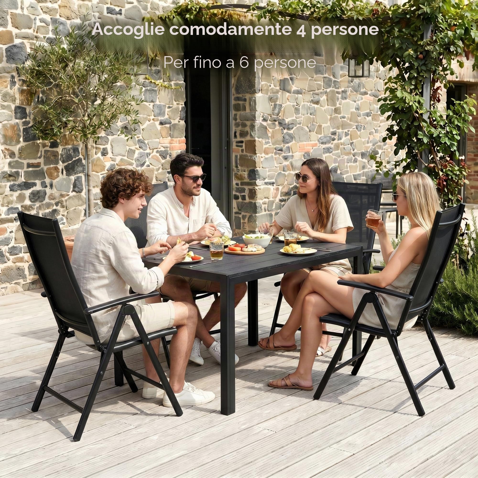 LIFERUN Tavolo da Giardino 110x70 cm, Tavolo da Terrazzo in WPC per 4-6 Persone, Tavolo da Balcone Resistente alle Intemperie con Telaio in Alluminio, Design Effetto Legno,Nero
