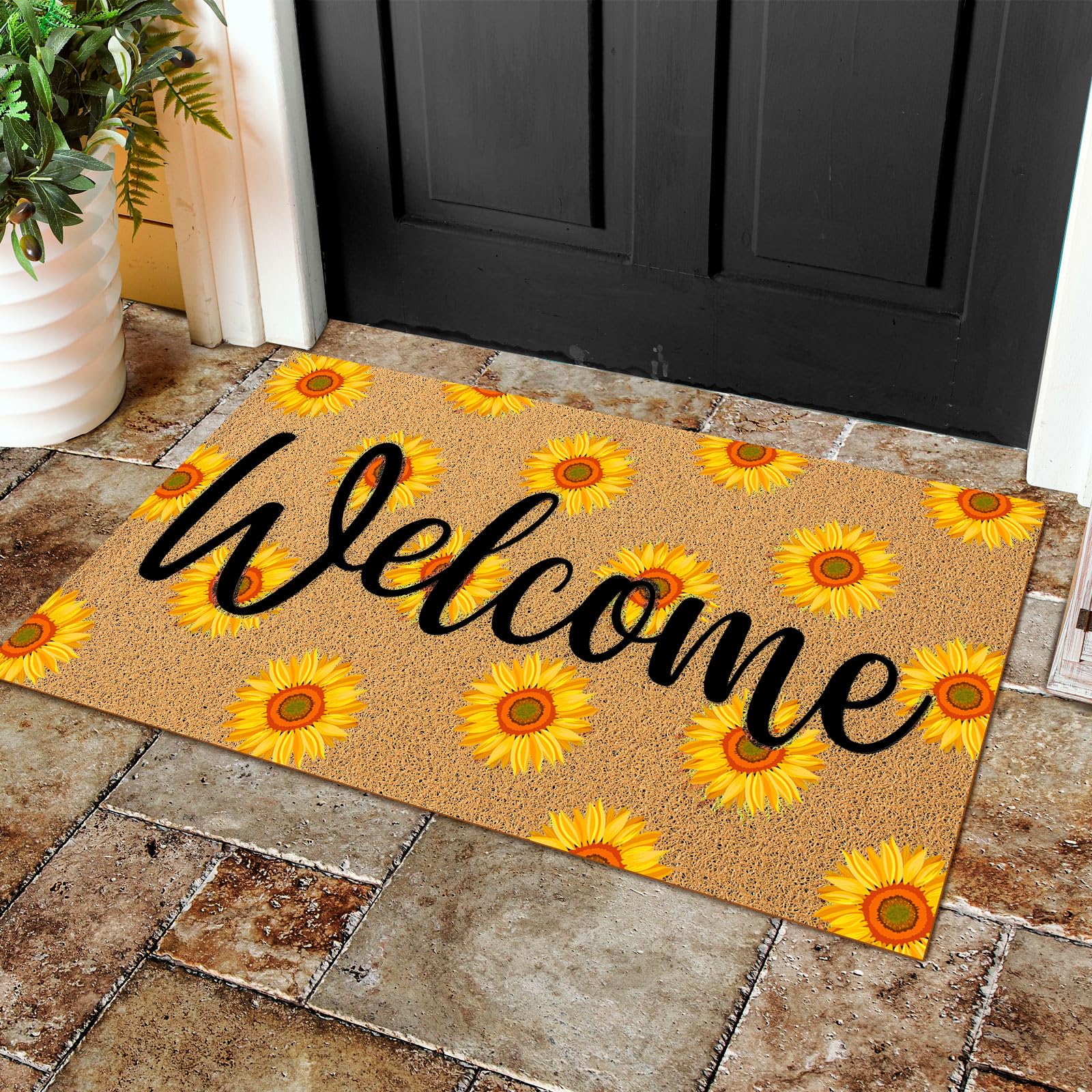 Felpudo de fibra de coco de girasol tapete de bienvenida exterior alfombra de goma floral