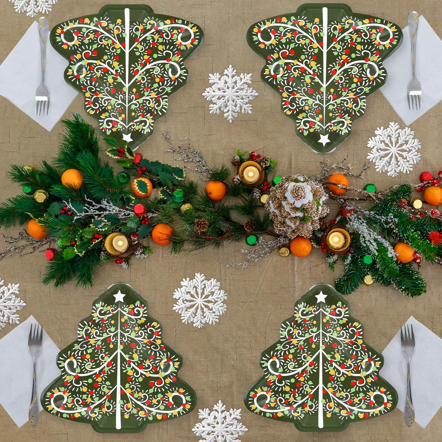 YY 60 Christmas Party Paper Plates Tree-shaped Disposable Dinner Plates Set