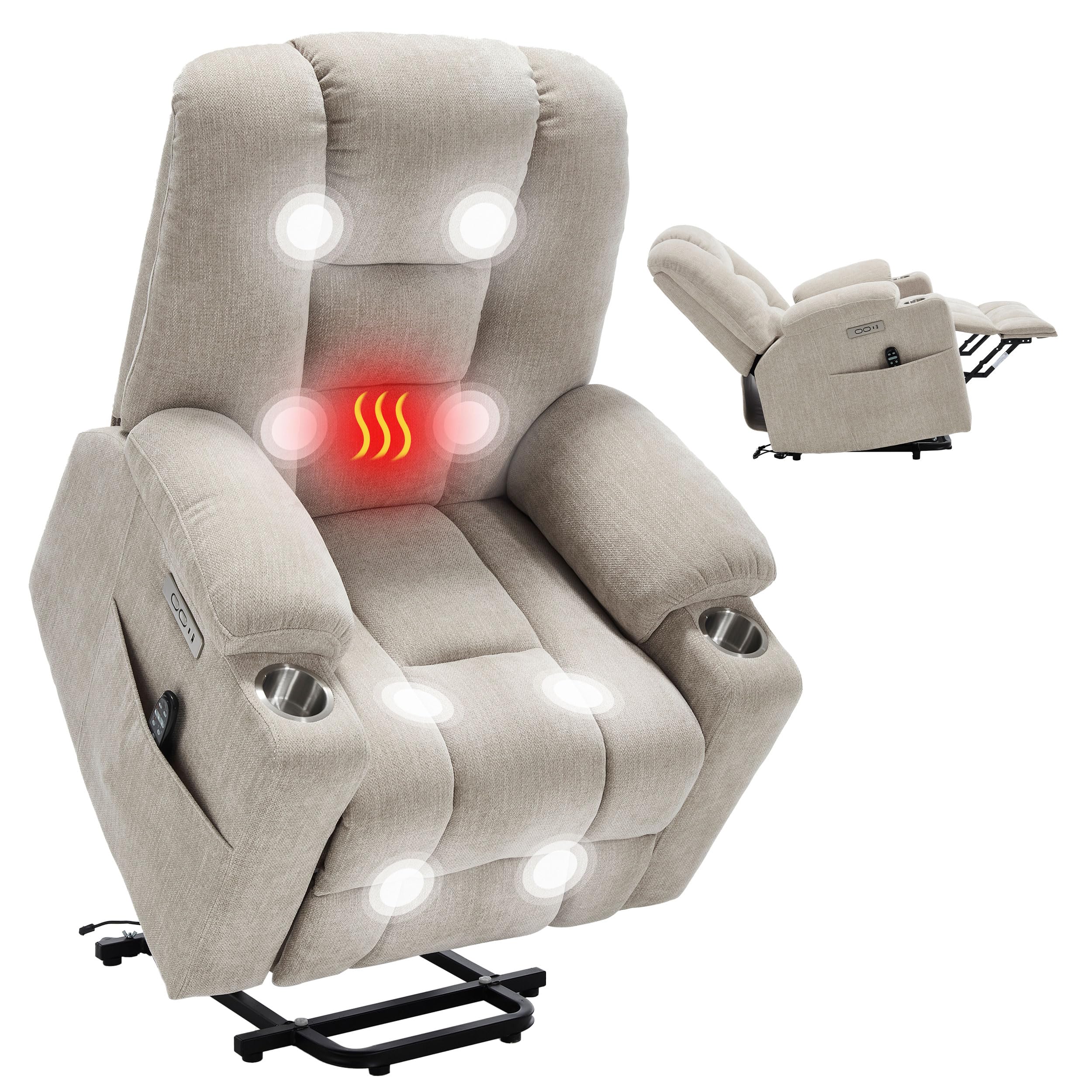 Power Lift Recliner Chair for Elderly, Electric Lift Recliner with Vibration Massage and Lumbar Heating, Single Sofa Reclining Chair with Cup Holders Charging Ports, Chenille Fabric Beige