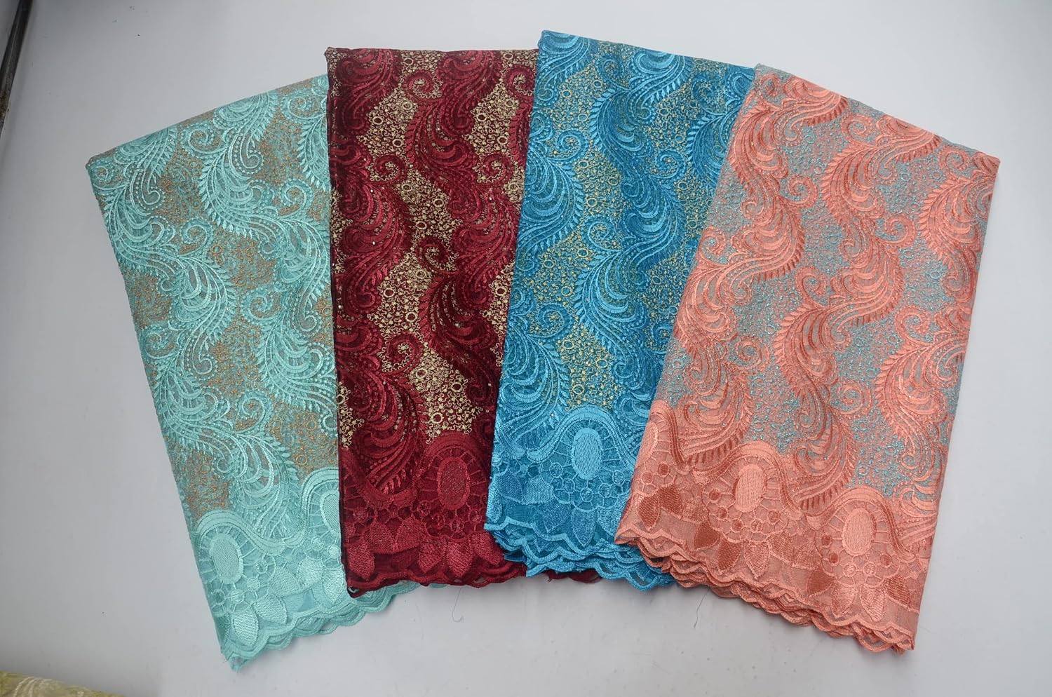 Yellow Green African Lace Fabric Cord Lace Stones Embroidery French Tulle Lace Fabric Nigerian Lace Fabric for Wedding Dress (Peach)
