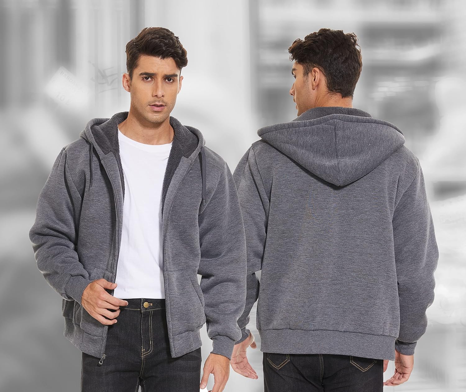 V VALANCH Men Hoodies Zip Up Sherpa Lined Sweatshirts Heavyweight Thick Warm Fleece Winter Jacket - Image 2