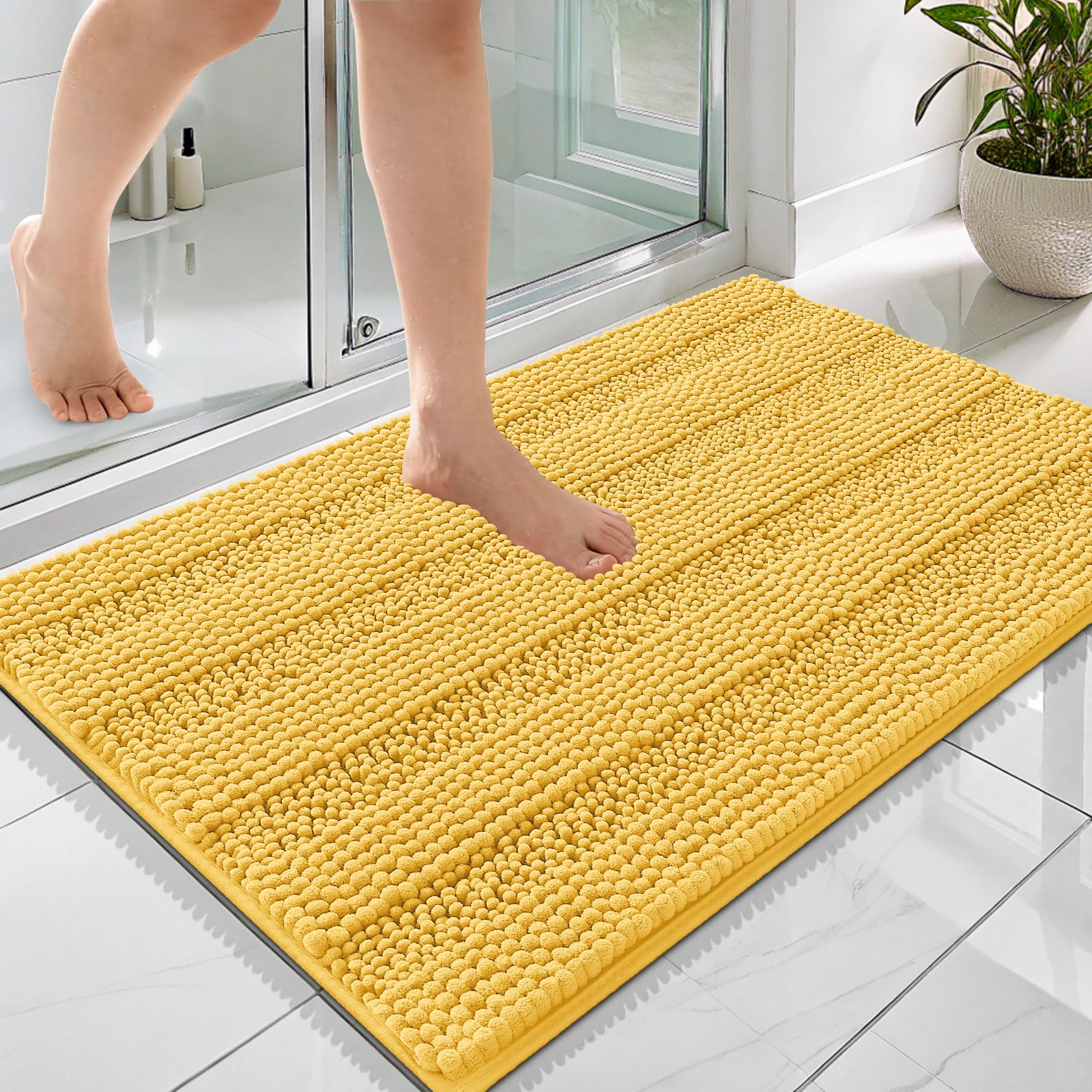 OLANLY Thick Bathroom Rugs 36x24, Soft Chenille Striped Bath Rugs, Yellow